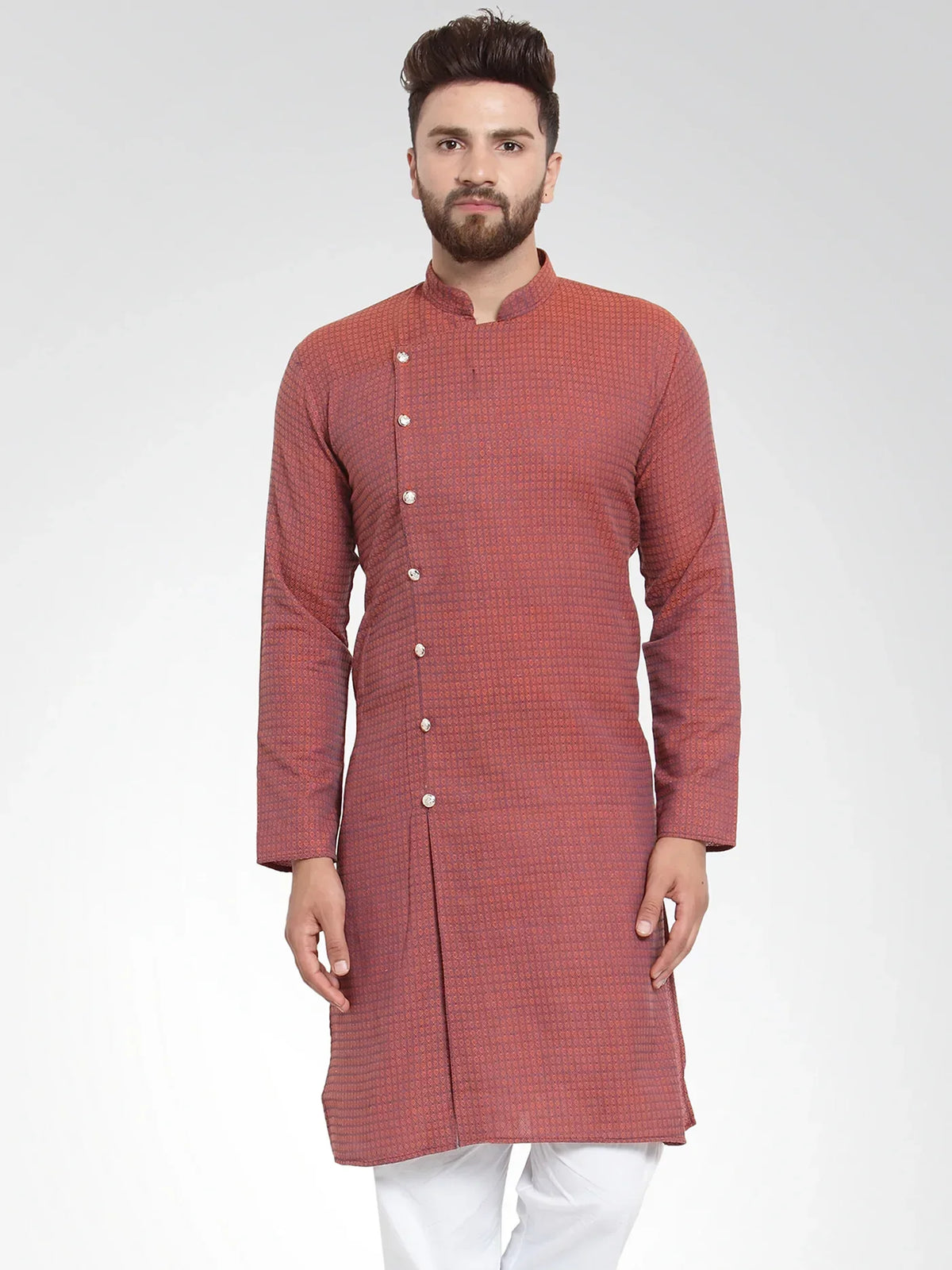 Jompers Men's Red Self Design Kurta Only | Grocsy