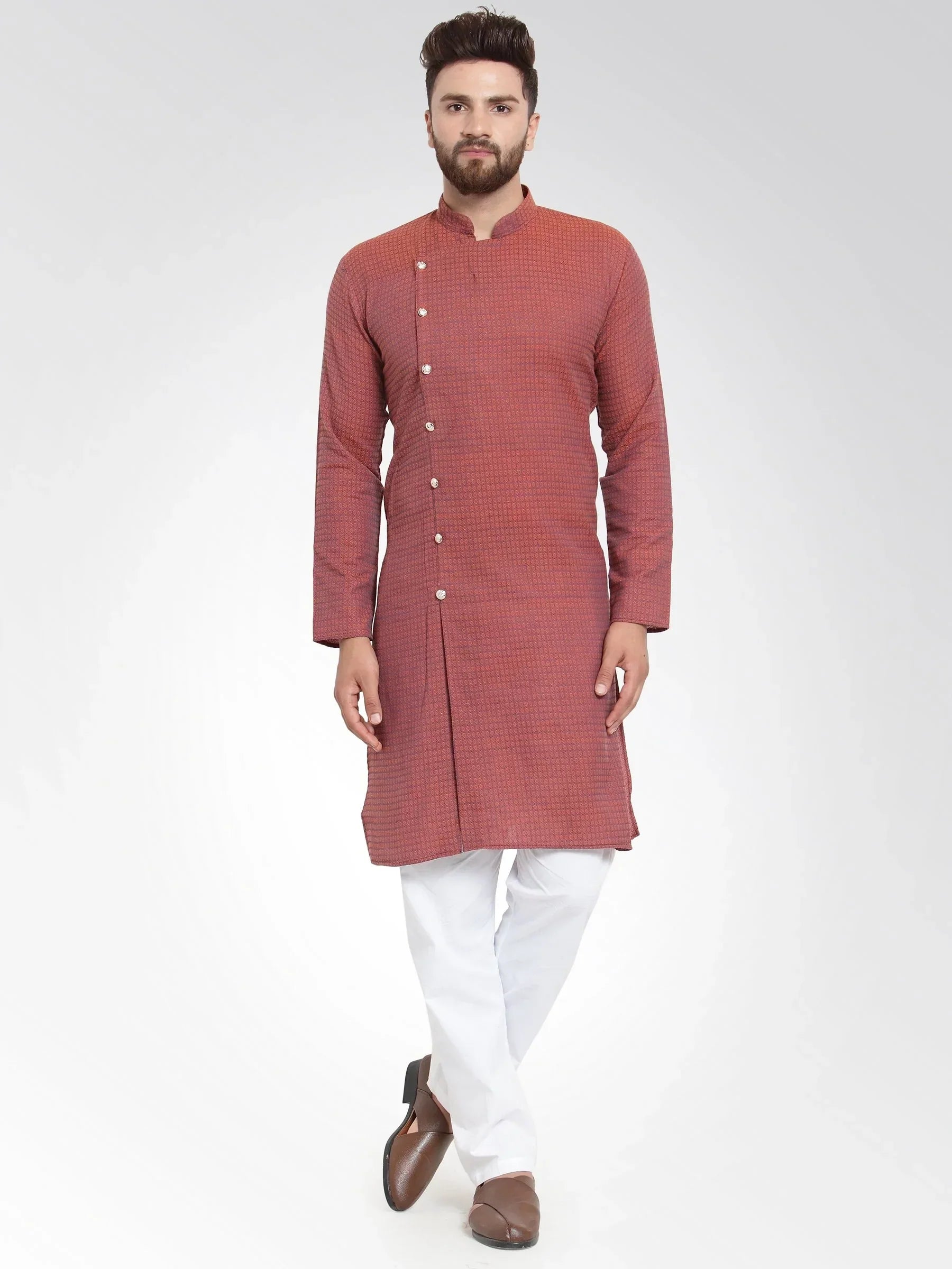 Jompers Men's Red Self Design Kurta Only | Grocsy