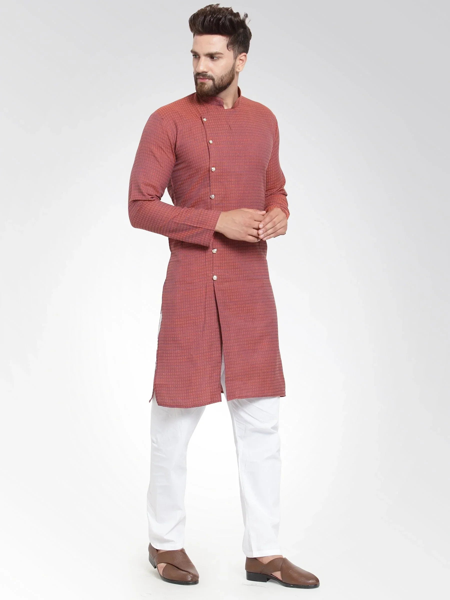 Jompers Men's Red Self Design Kurta Only | Grocsy