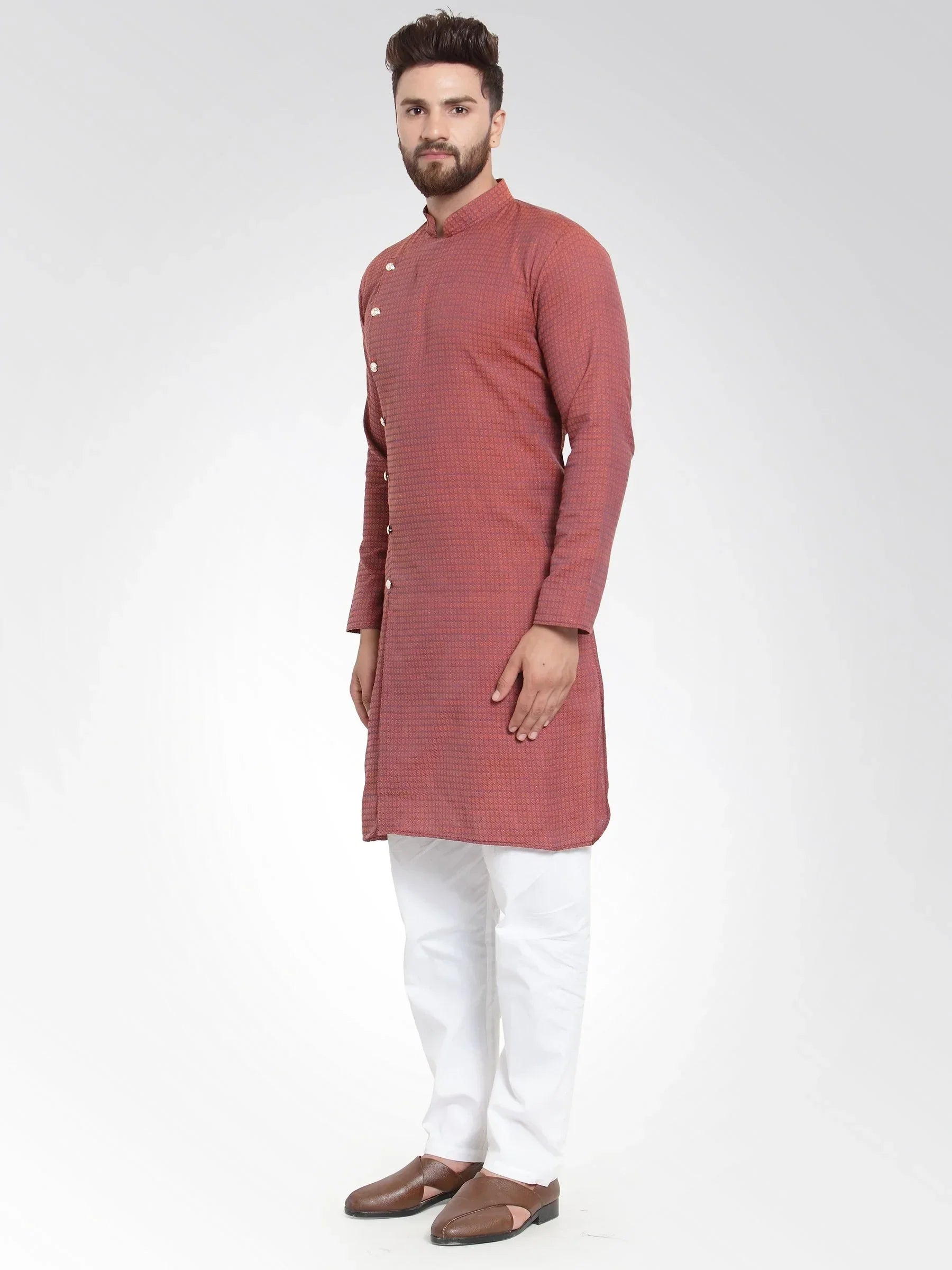 Jompers Men's Red Self Design Kurta Only | Grocsy
