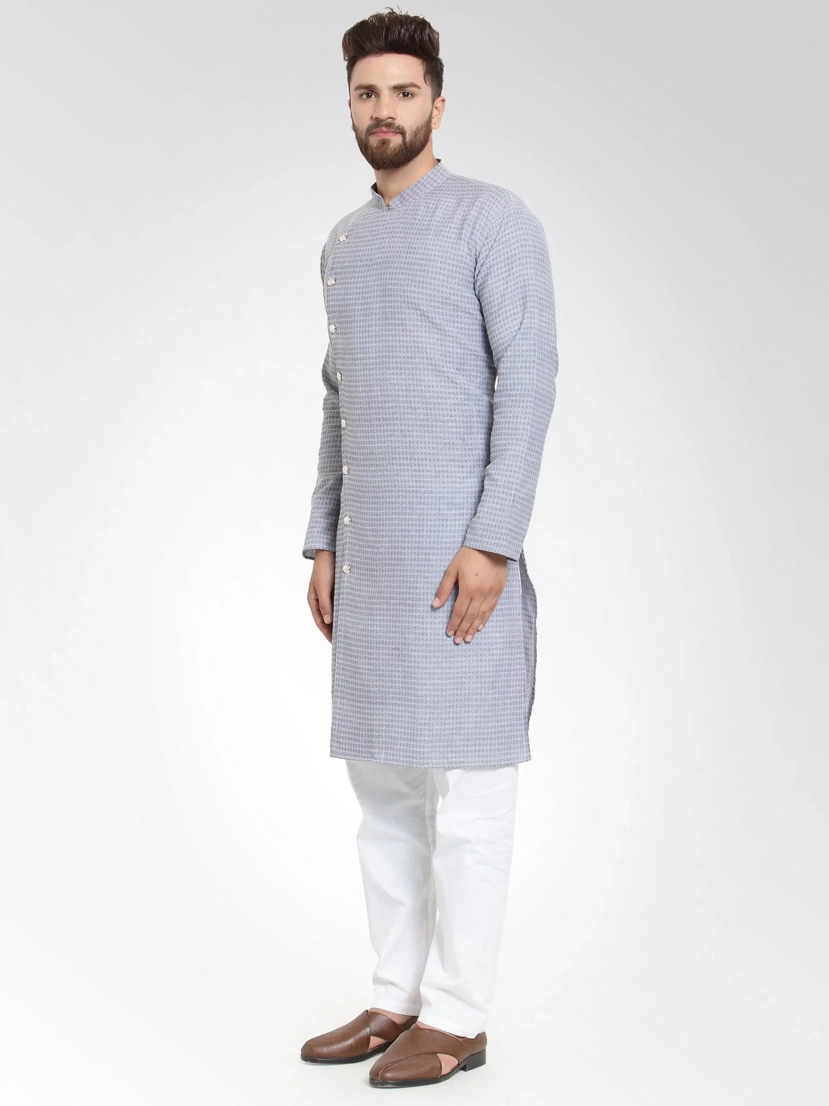 Jompers Men's Steel Blue Self Design Kurta with Pajama | Grocsy