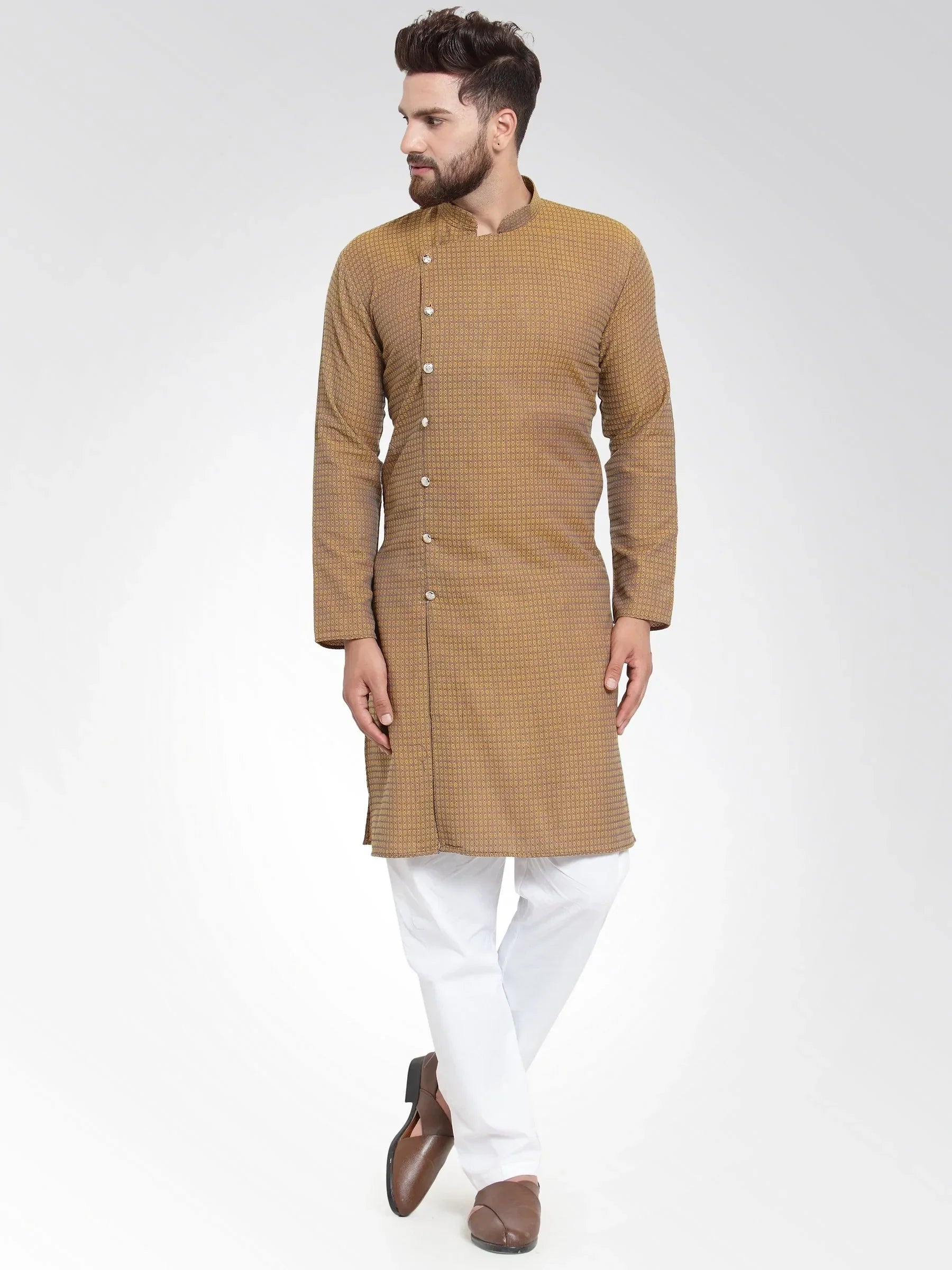 Jompers Men's Yellow Self Design Kurta with Pajama | Grocsy