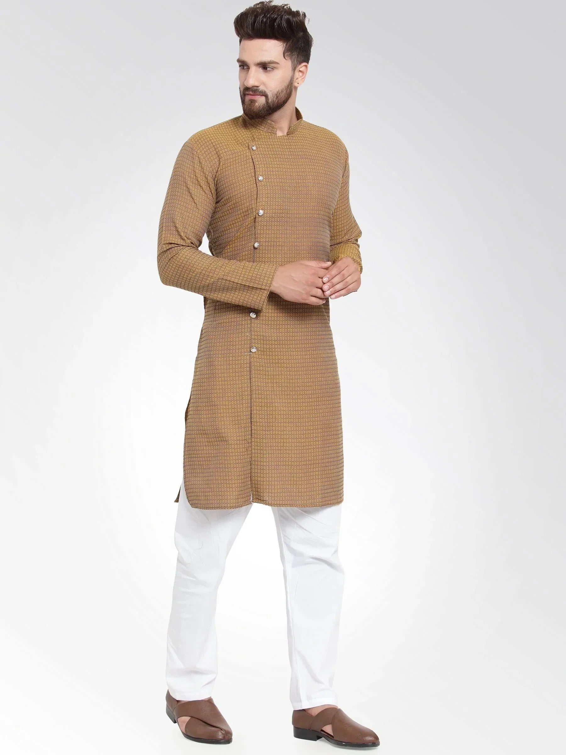 Jompers Men's Yellow Self Design Kurta Only | Grocsy