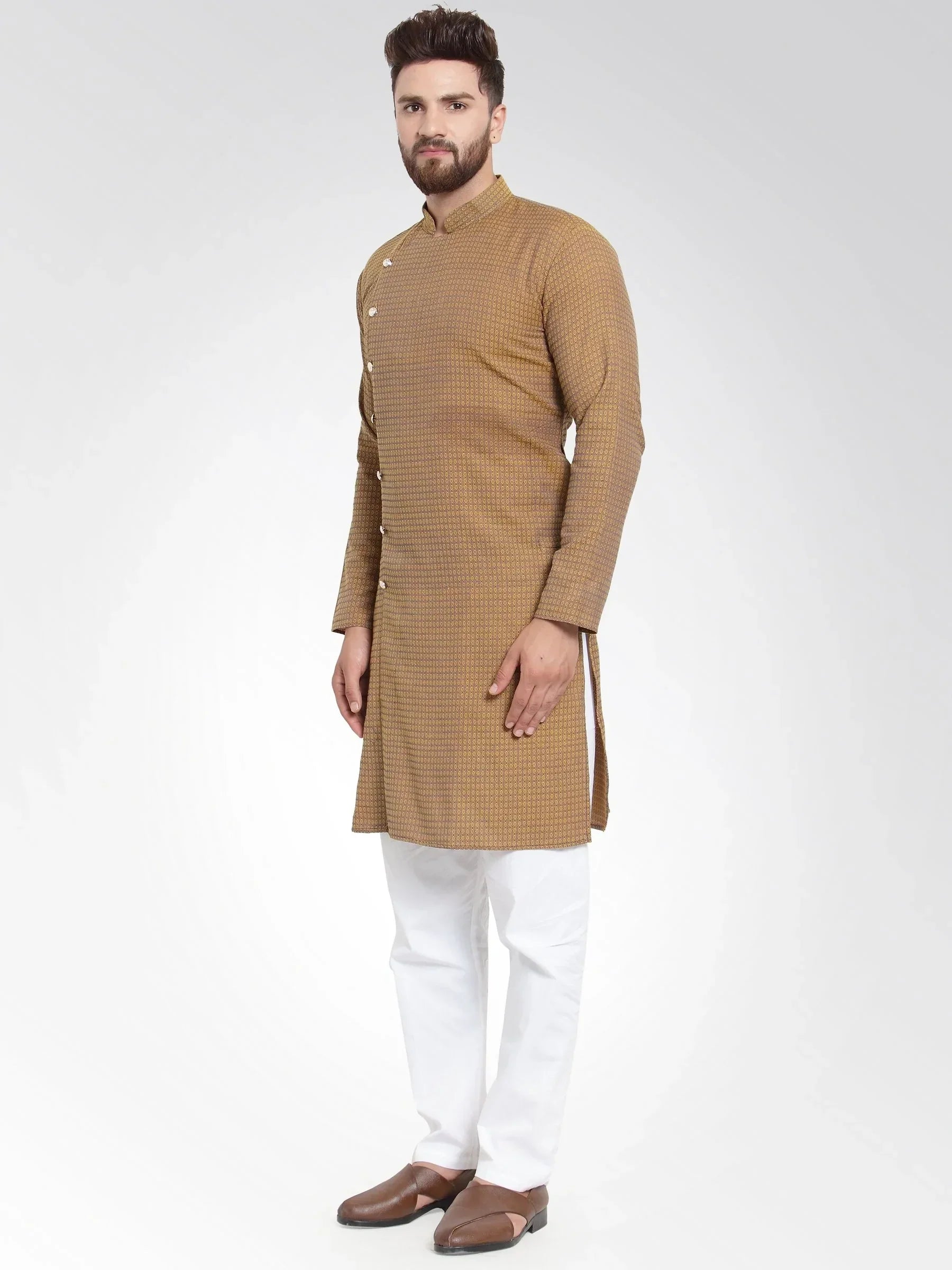 Jompers Men's Yellow Self Design Kurta with Pajama | Grocsy
