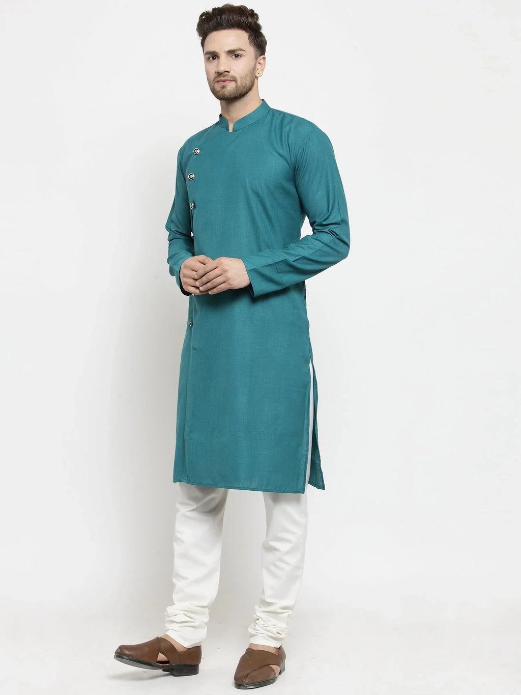 Jompers Men's Green Solid Kurta with Churidar | Grocsy