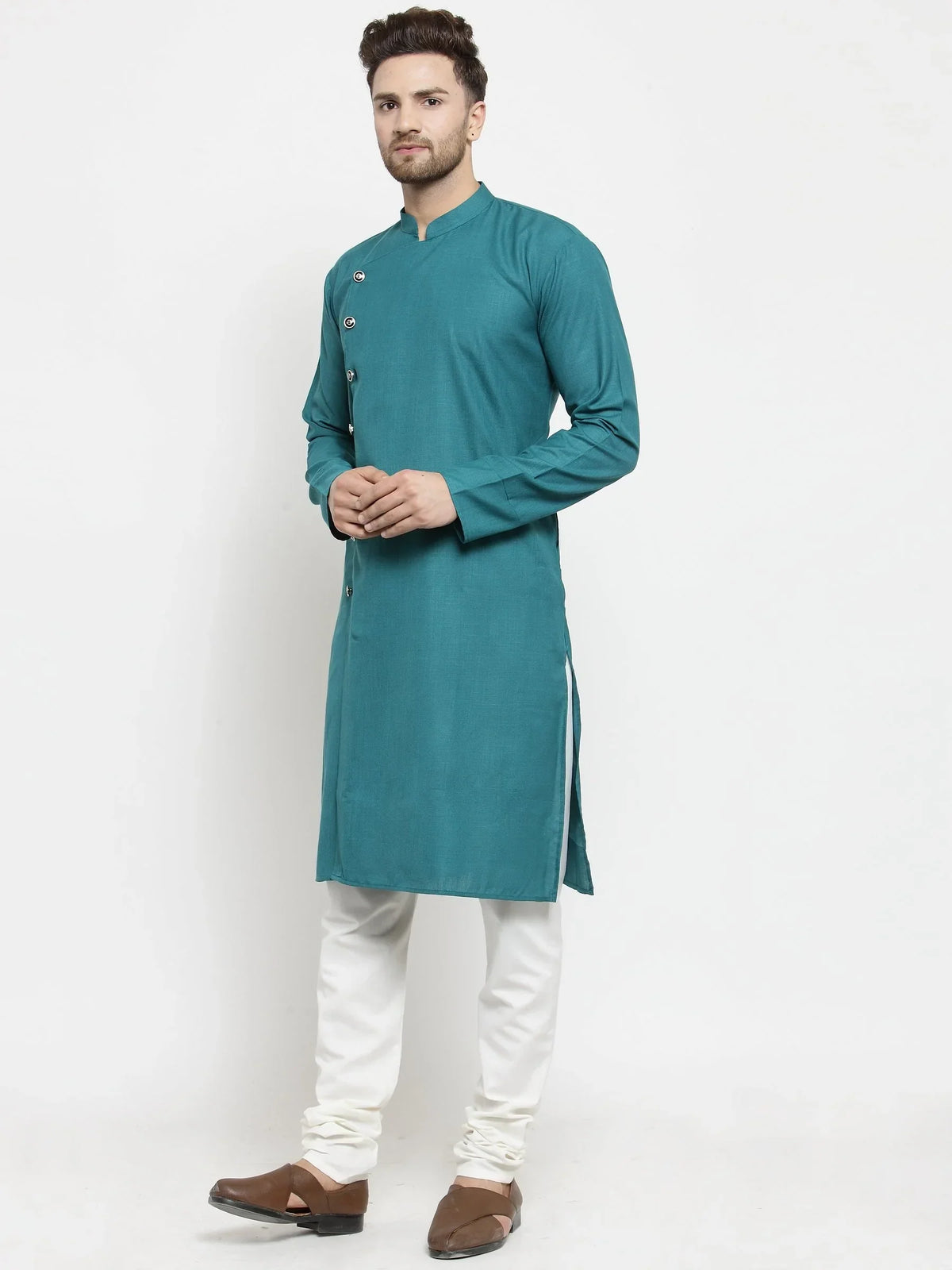 Jompers Men's Green Solid Kurta with Churidar | Grocsy