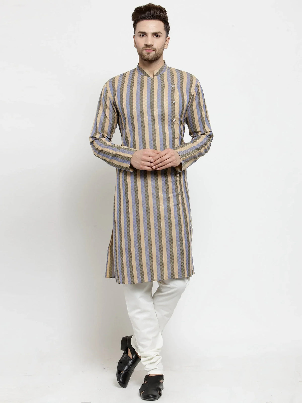 Jompers Men's Blue and black Self Design Stripped Kurta Only | Grocsy