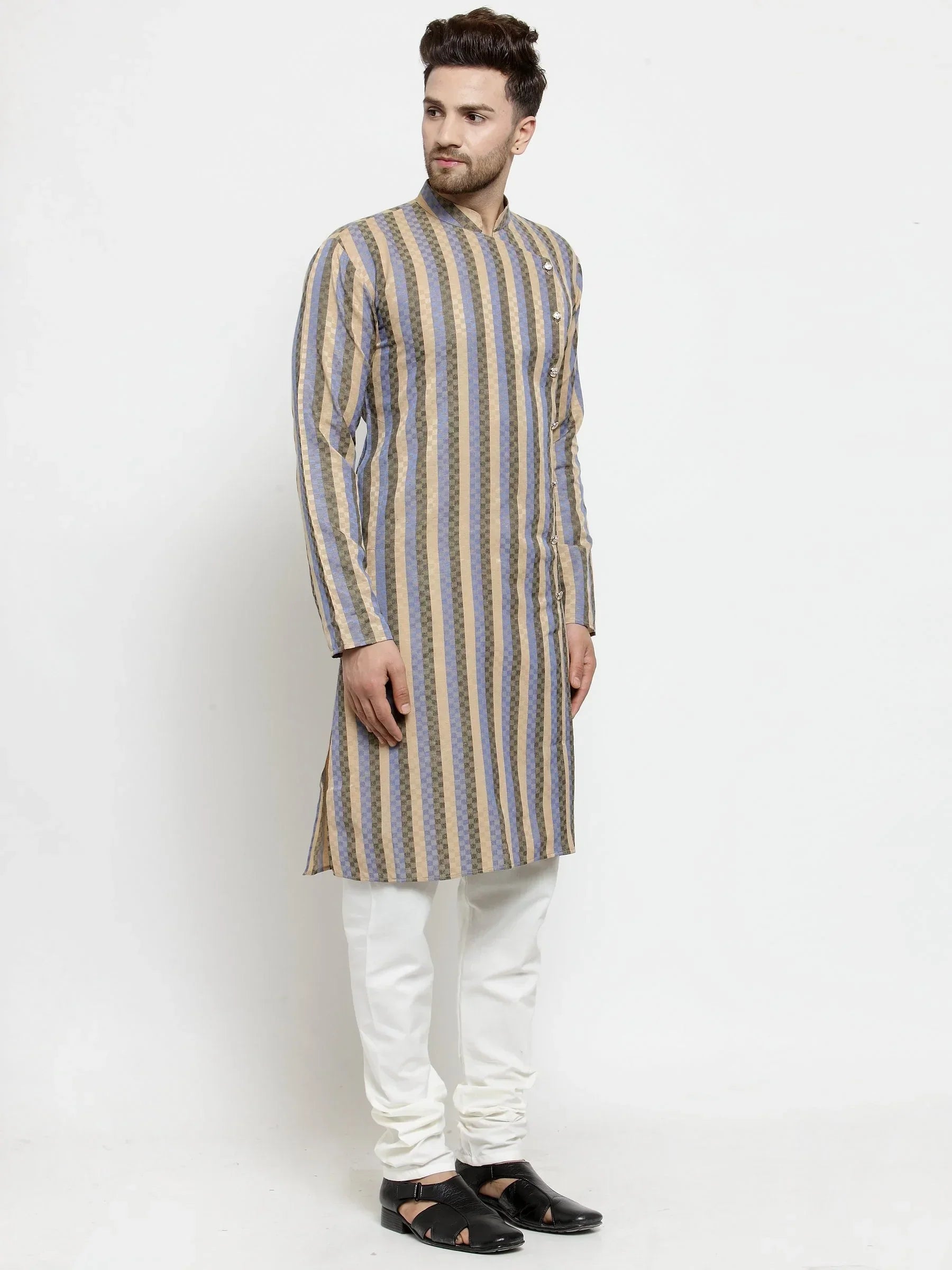 Jompers Men's Blue and black Self Design Stripped Kurta Only | Grocsy