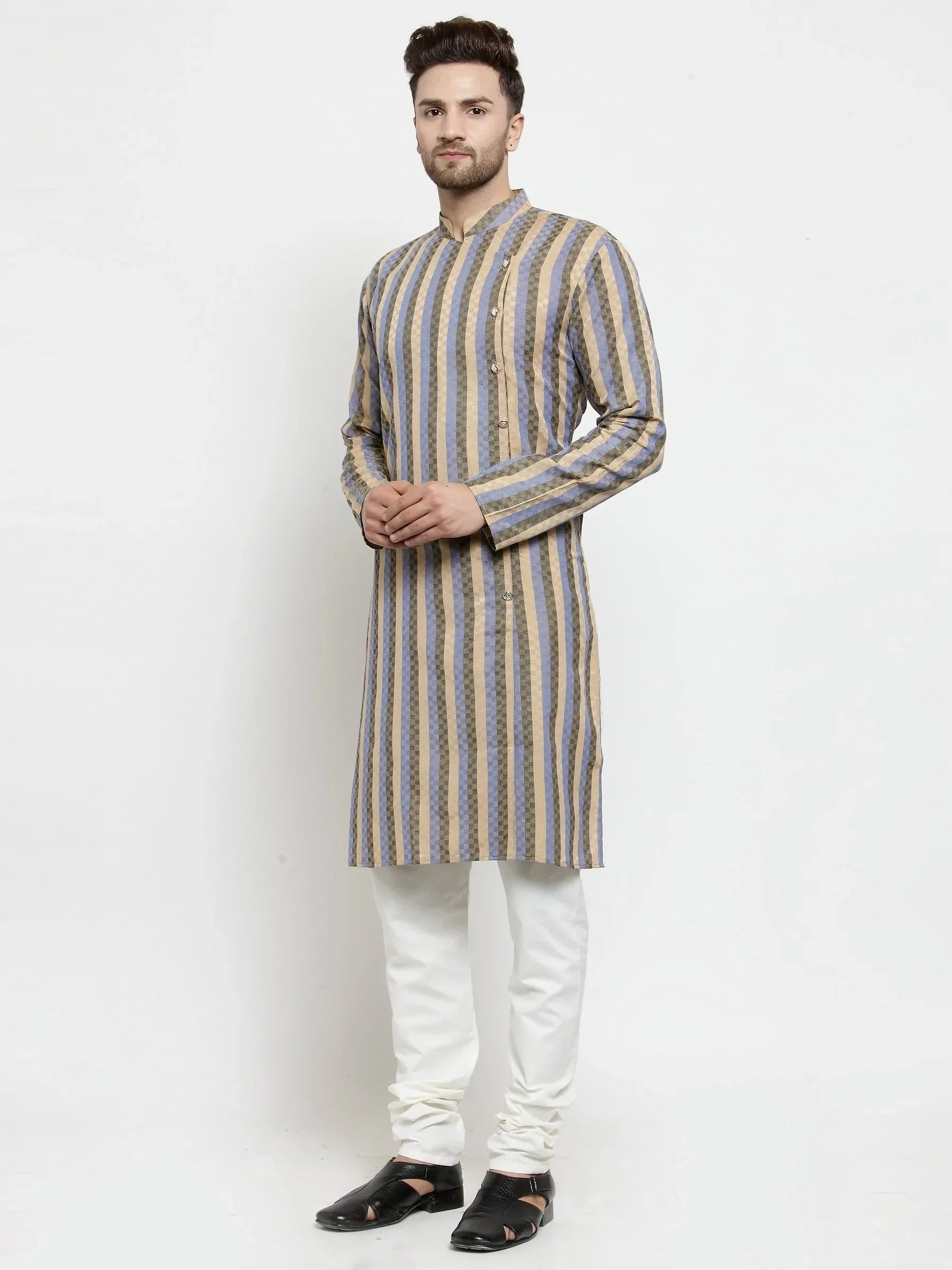 Jompers Men's Blue and black Self Design Stripped Kurta Only | Grocsy