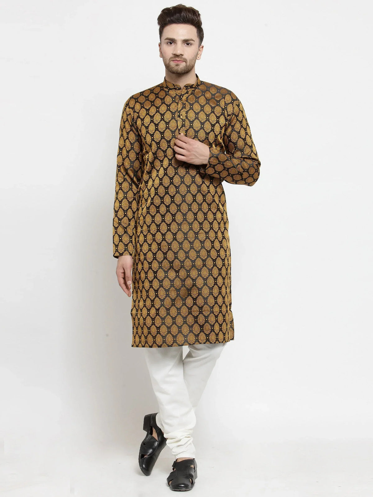 Jompers Men's Black-Colored & Golden Self Design Kurta with Churidar | Grocsy