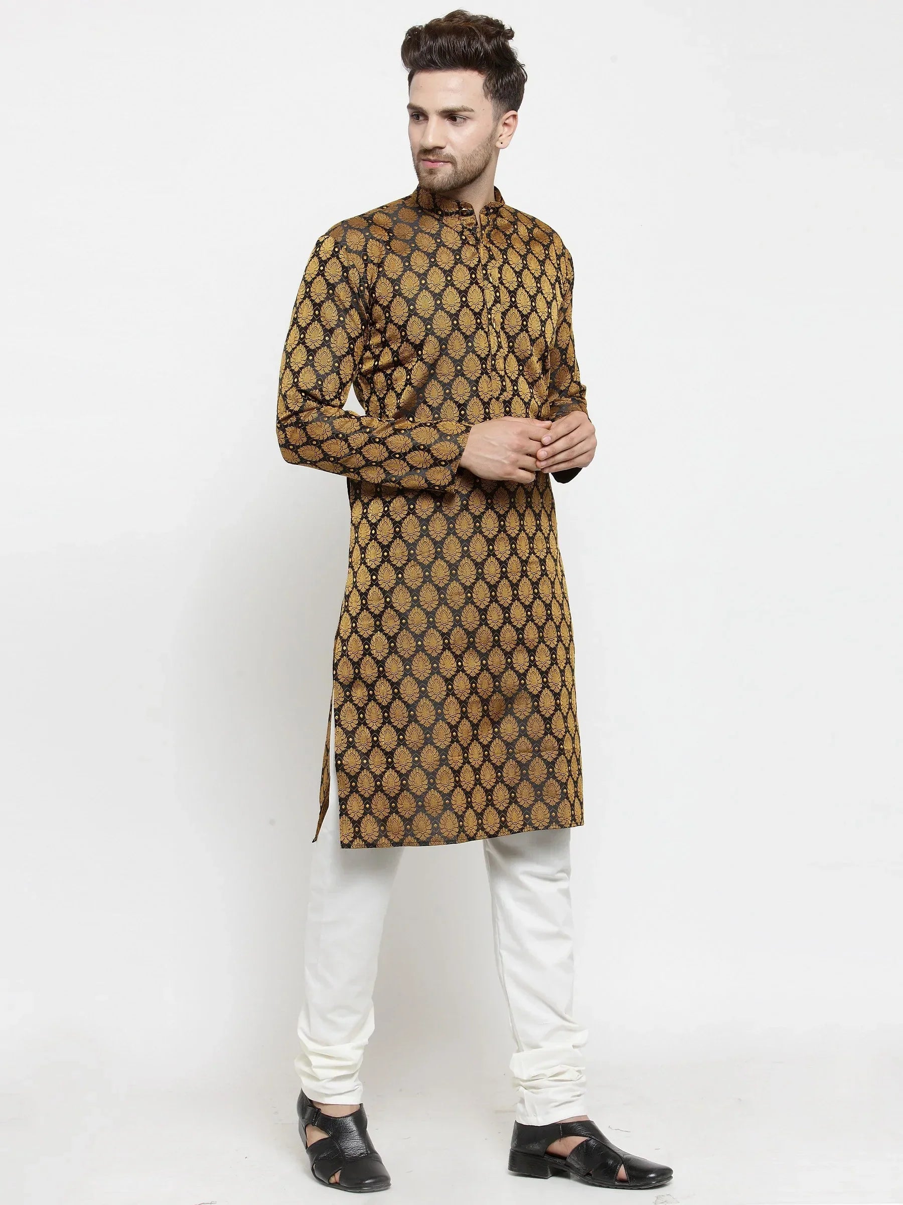 Jompers Men's Black-Colored & Golden Self Design Kurta Only | Grocsy