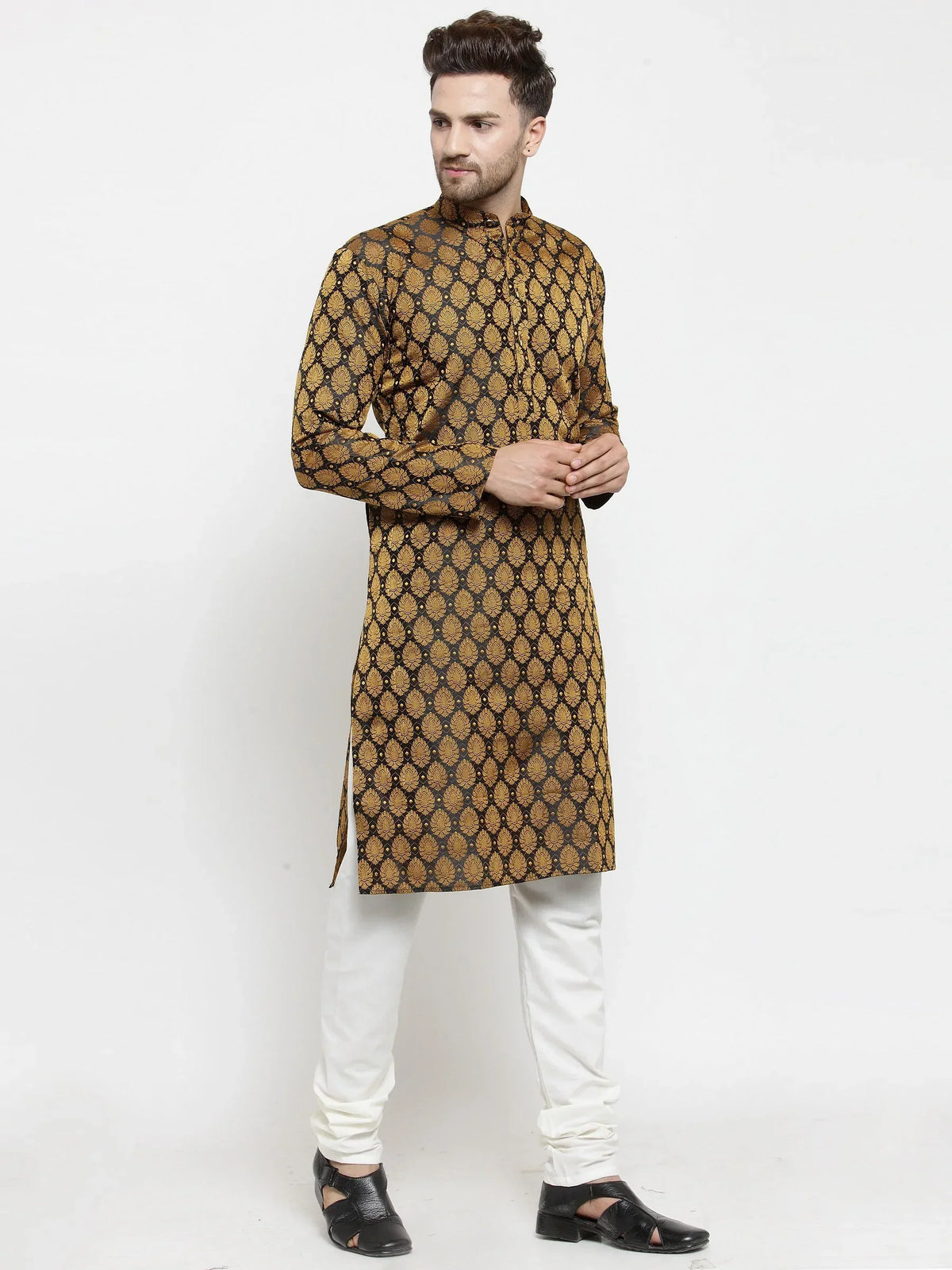 Jompers Men's Black-Colored & Golden Self Design Kurta with Churidar | Grocsy