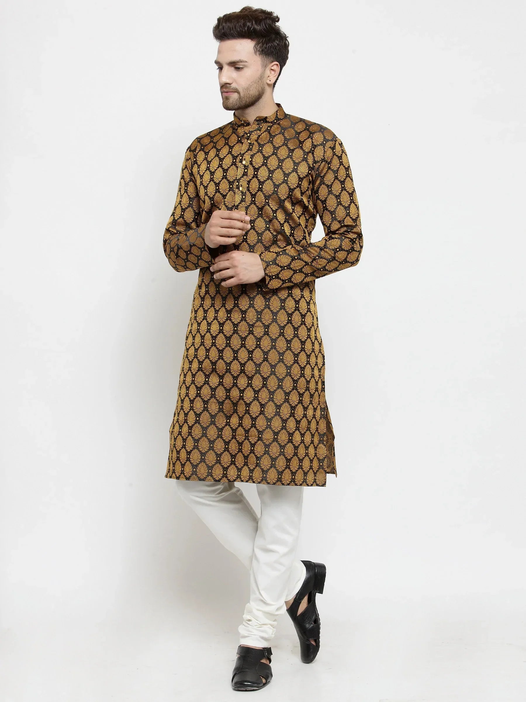 Jompers Men's Black-Colored & Golden Self Design Kurta Only | Grocsy