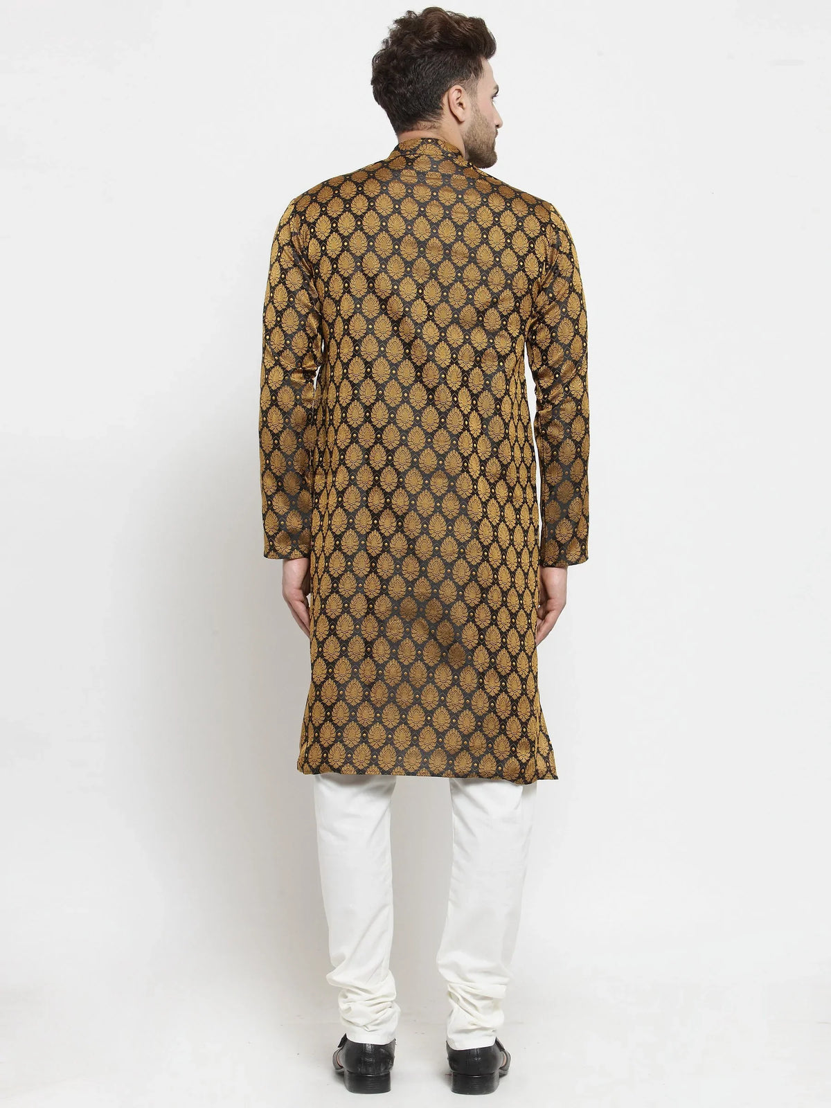 Jompers Men's Black-Colored & Golden Self Design Kurta with Churidar | Grocsy
