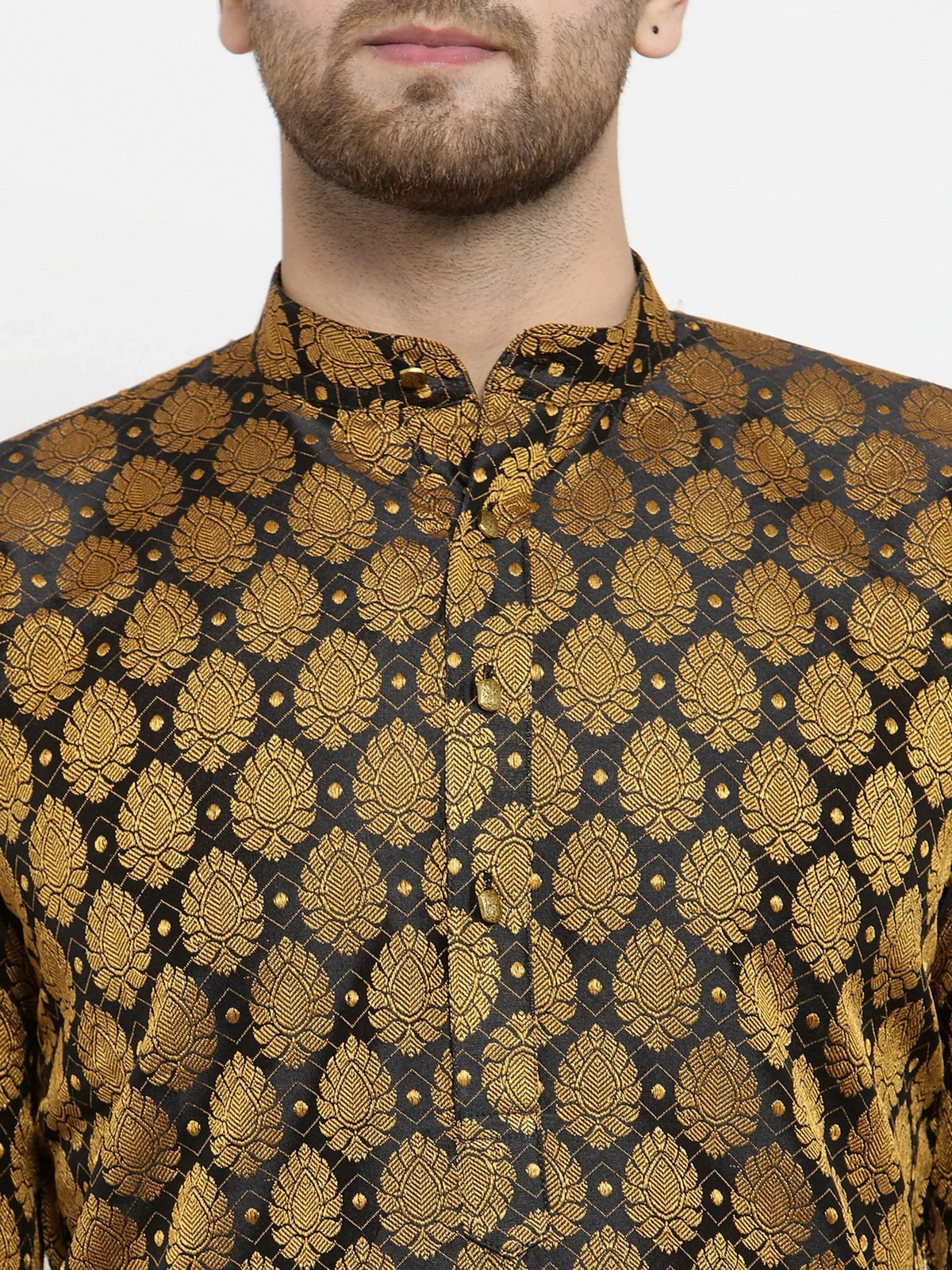Jompers Men's Black-Colored & Golden Self Design Kurta with Churidar | Grocsy