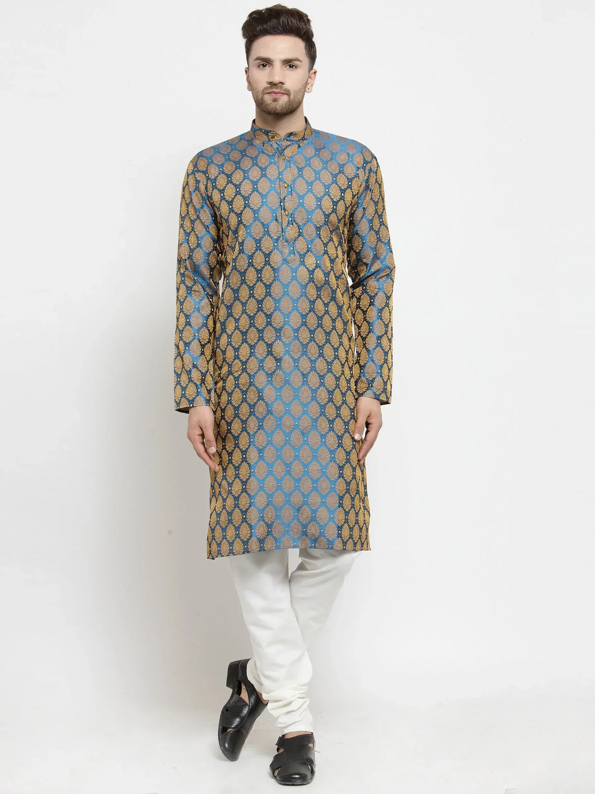 Jompers Men's Blue-Colored & Golden Self Design Kurta with Churidar | Grocsy