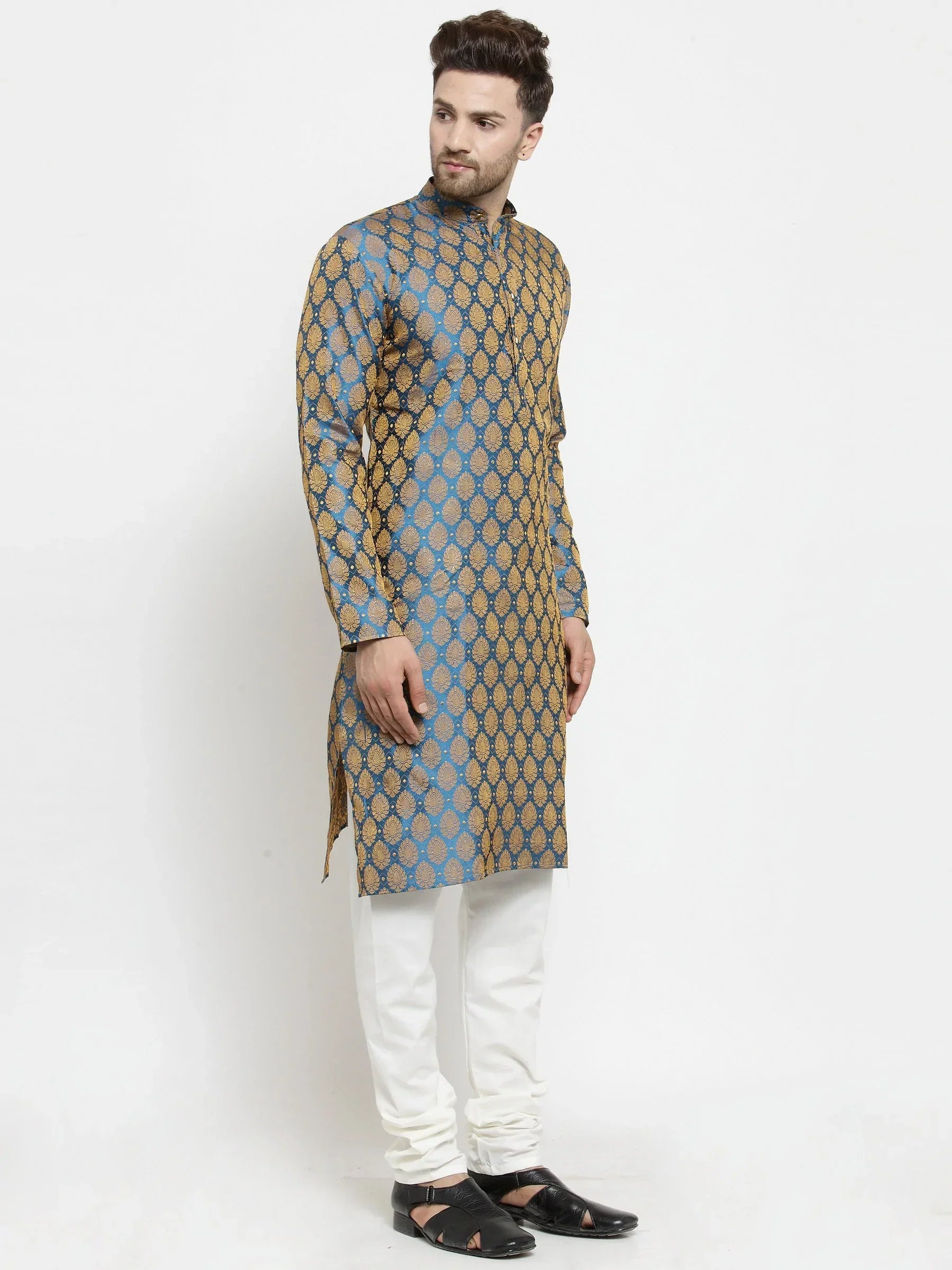 Jompers Men's Blue-Colored & Golden Self Design Kurta with Churidar | Grocsy