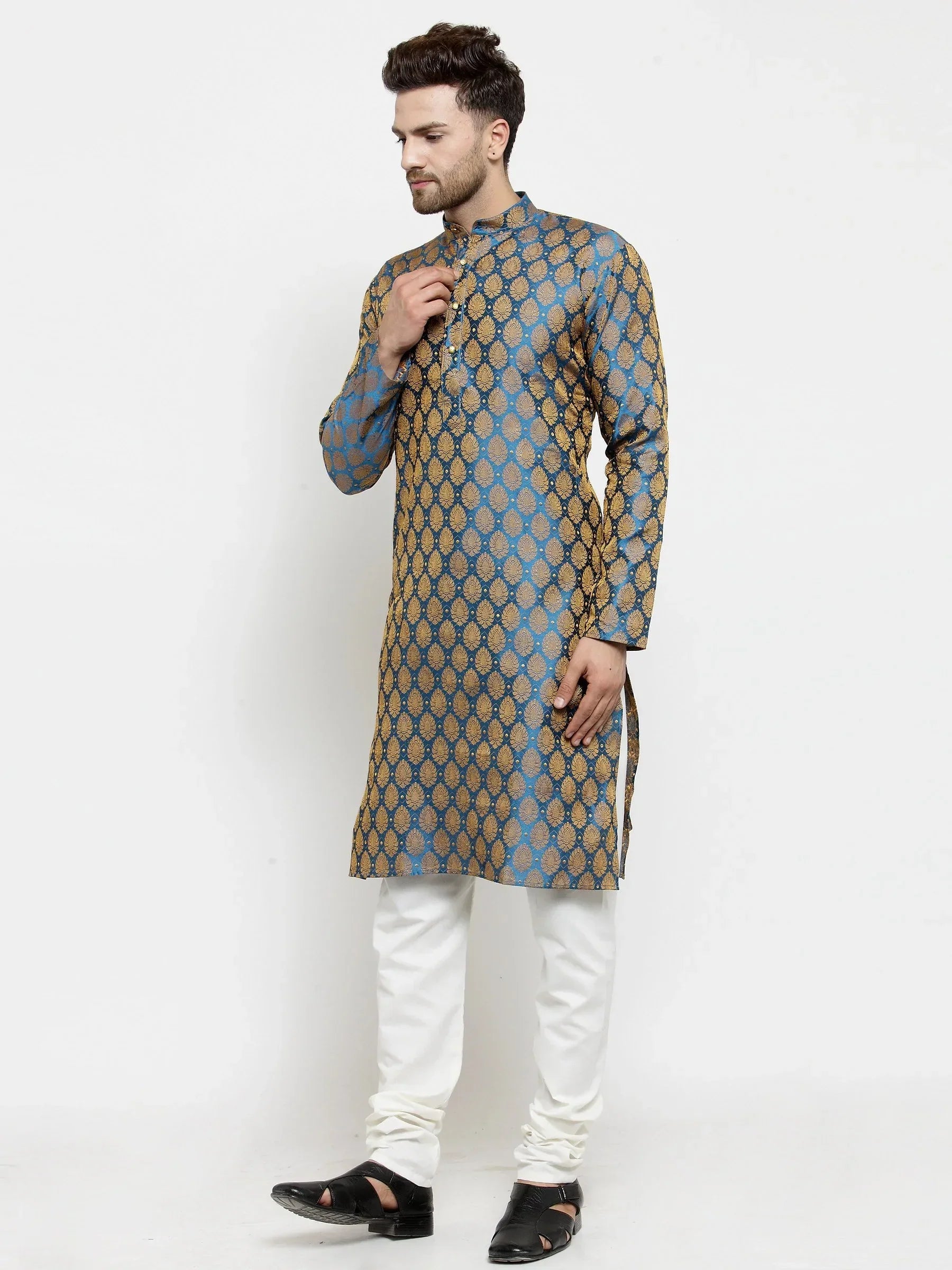 Jompers Men's Blue-Colored & Golden Self Design Kurta with Churidar | Grocsy