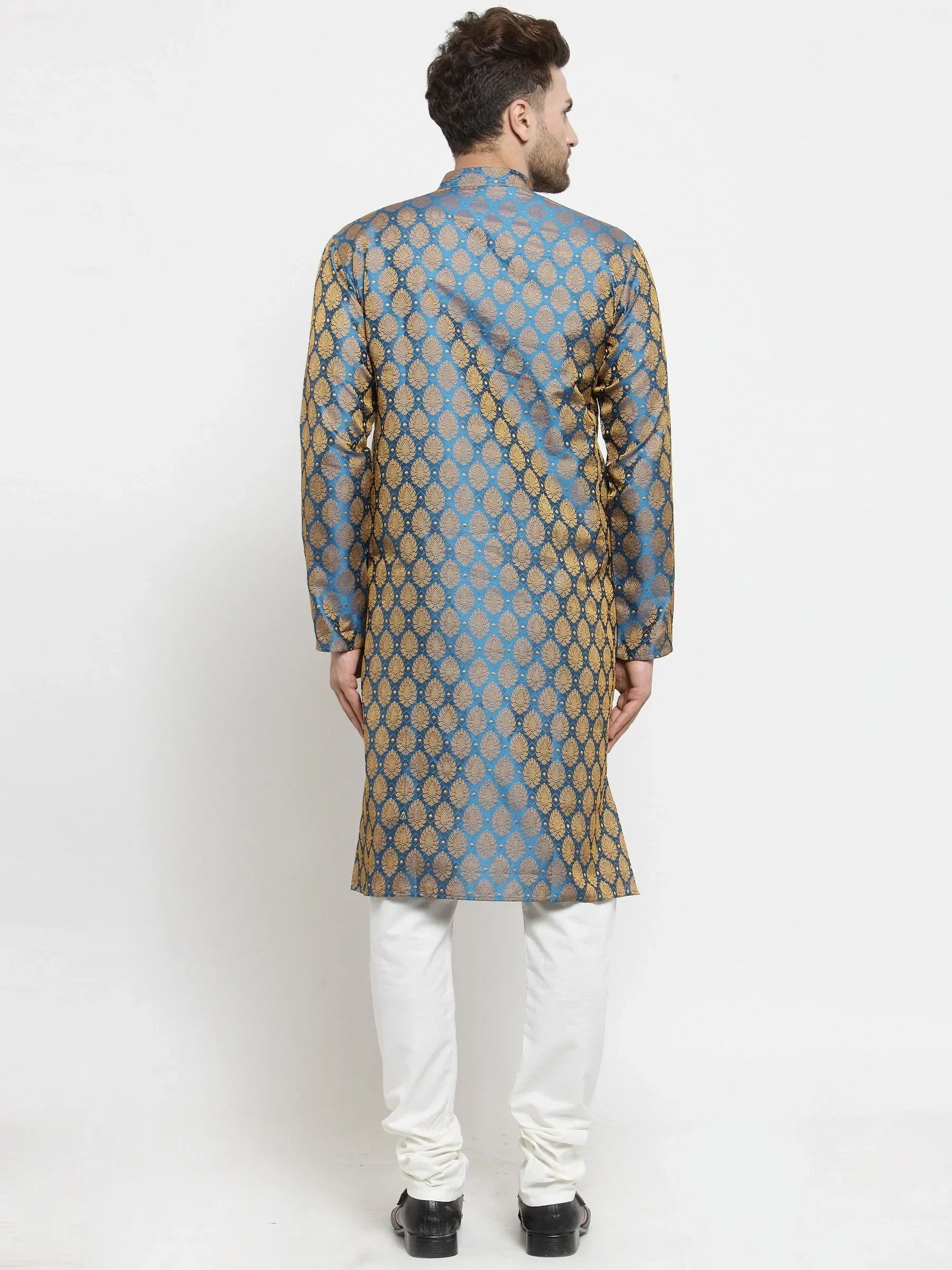 Jompers Men's Blue-Colored & Golden Self Design Kurta with Churidar | Grocsy