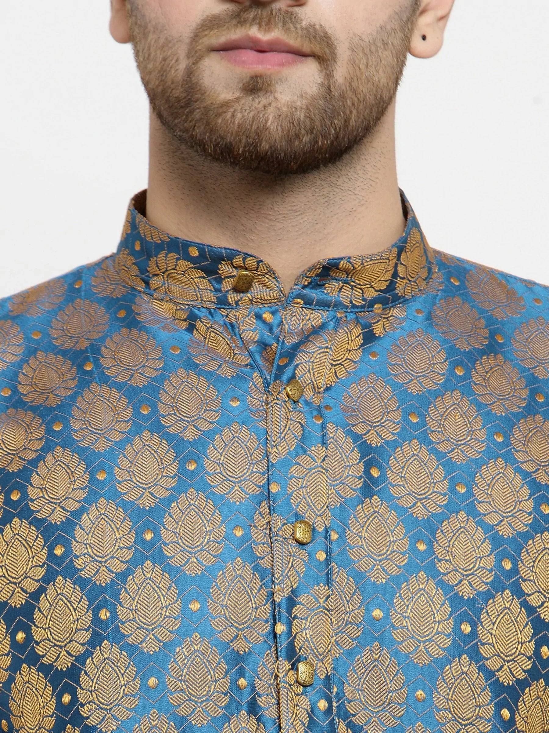 Jompers Men's Blue-Colored & Golden Self Design Kurta with Churidar | Grocsy