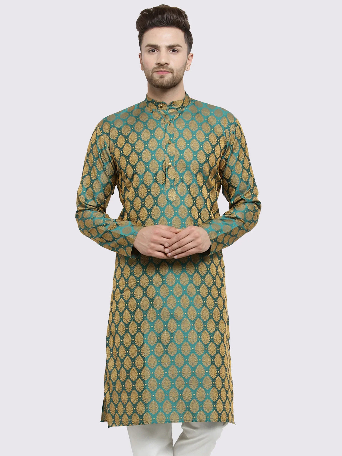 Jompers Men's Green-Colored & Golden Self Design Kurta Only | Grocsy