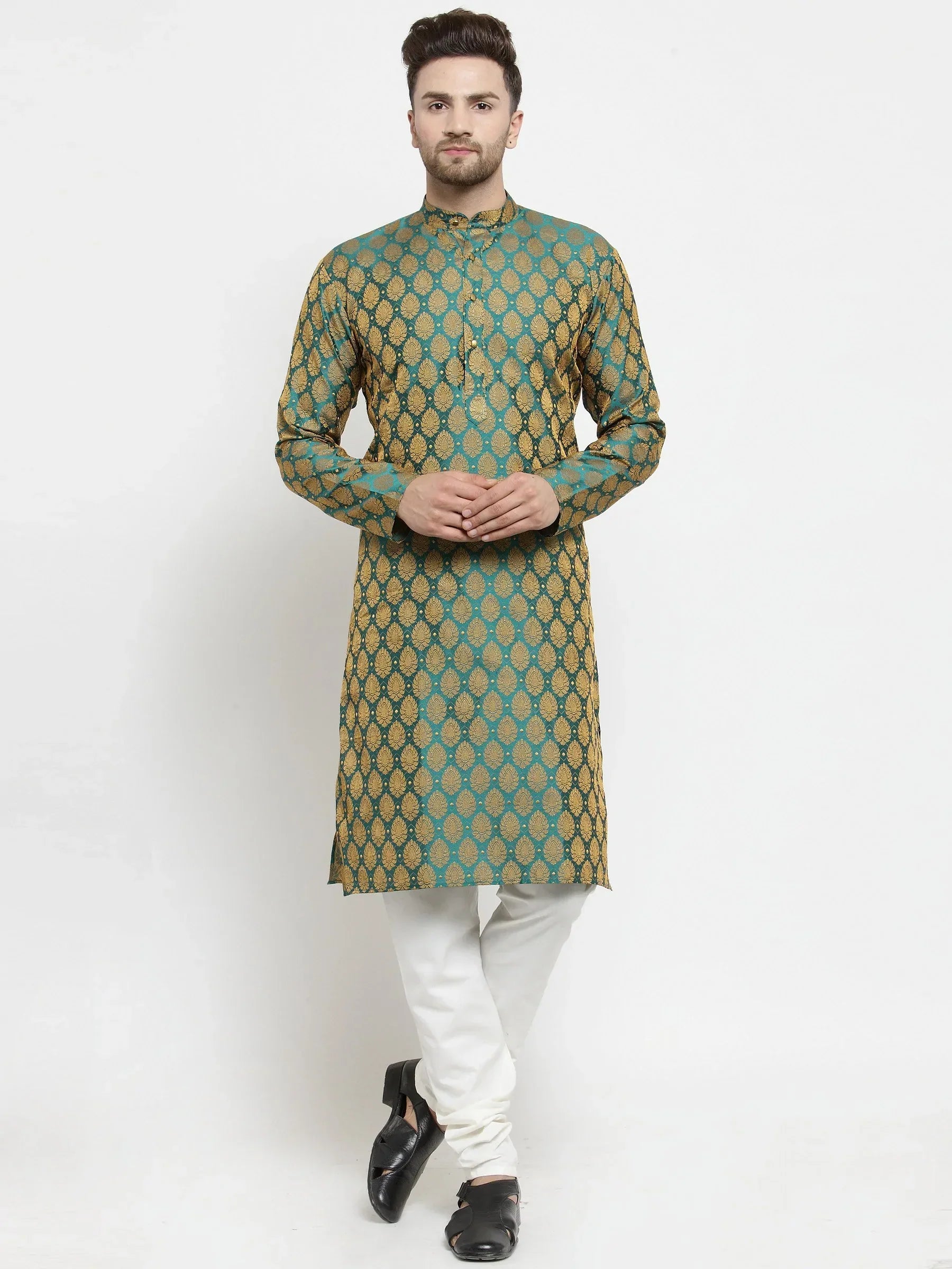 Jompers Men's Green-Colored & Golden Self Design Kurta Only | Grocsy