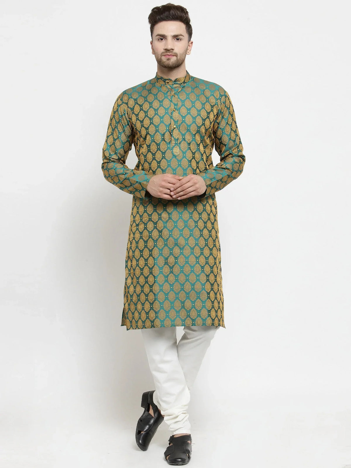 Jompers Men's Green-Colored & Golden Self Design Kurta with Churidar | Grocsy