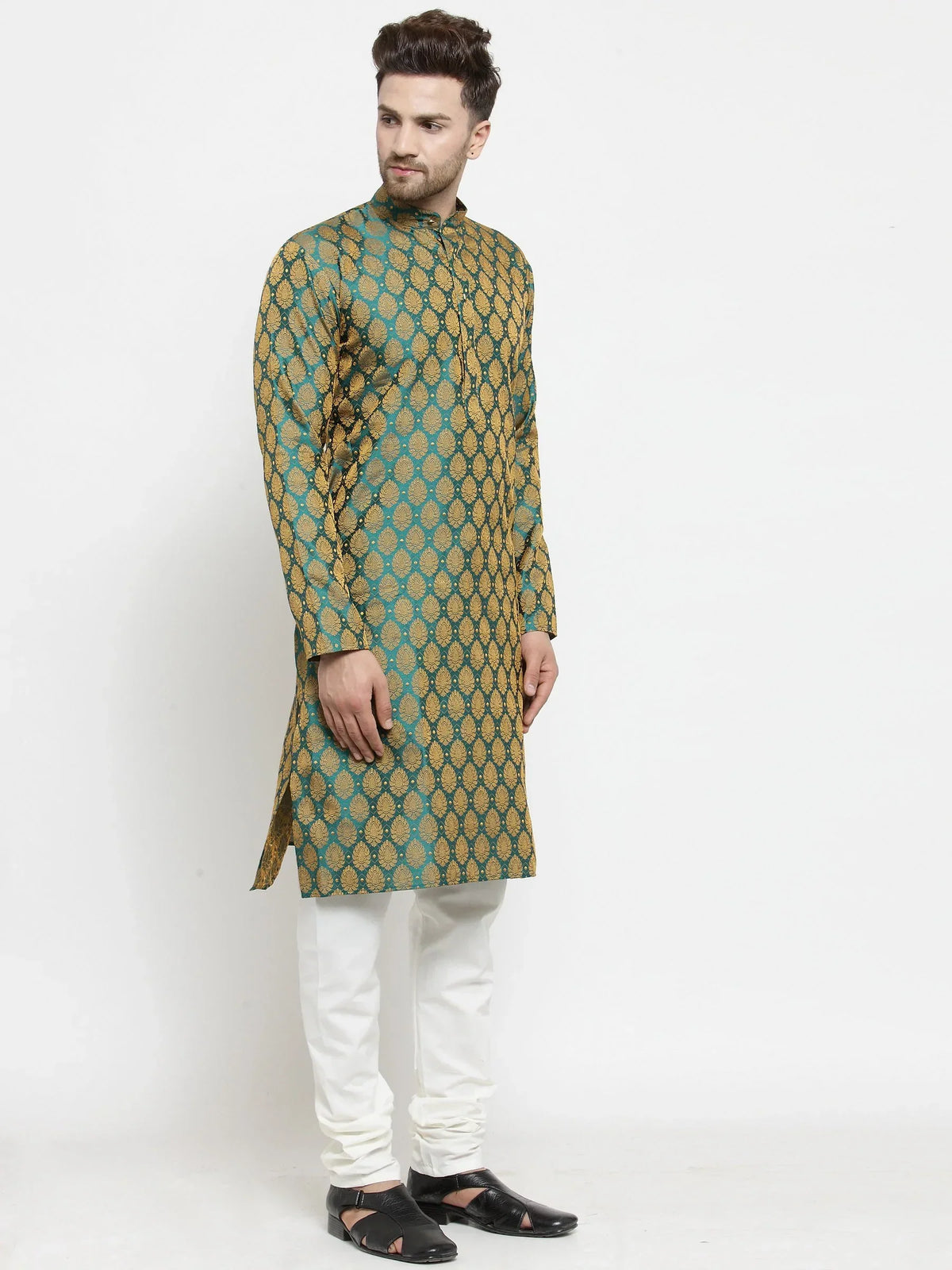 Jompers Men's Green-Colored & Golden Self Design Kurta Only | Grocsy