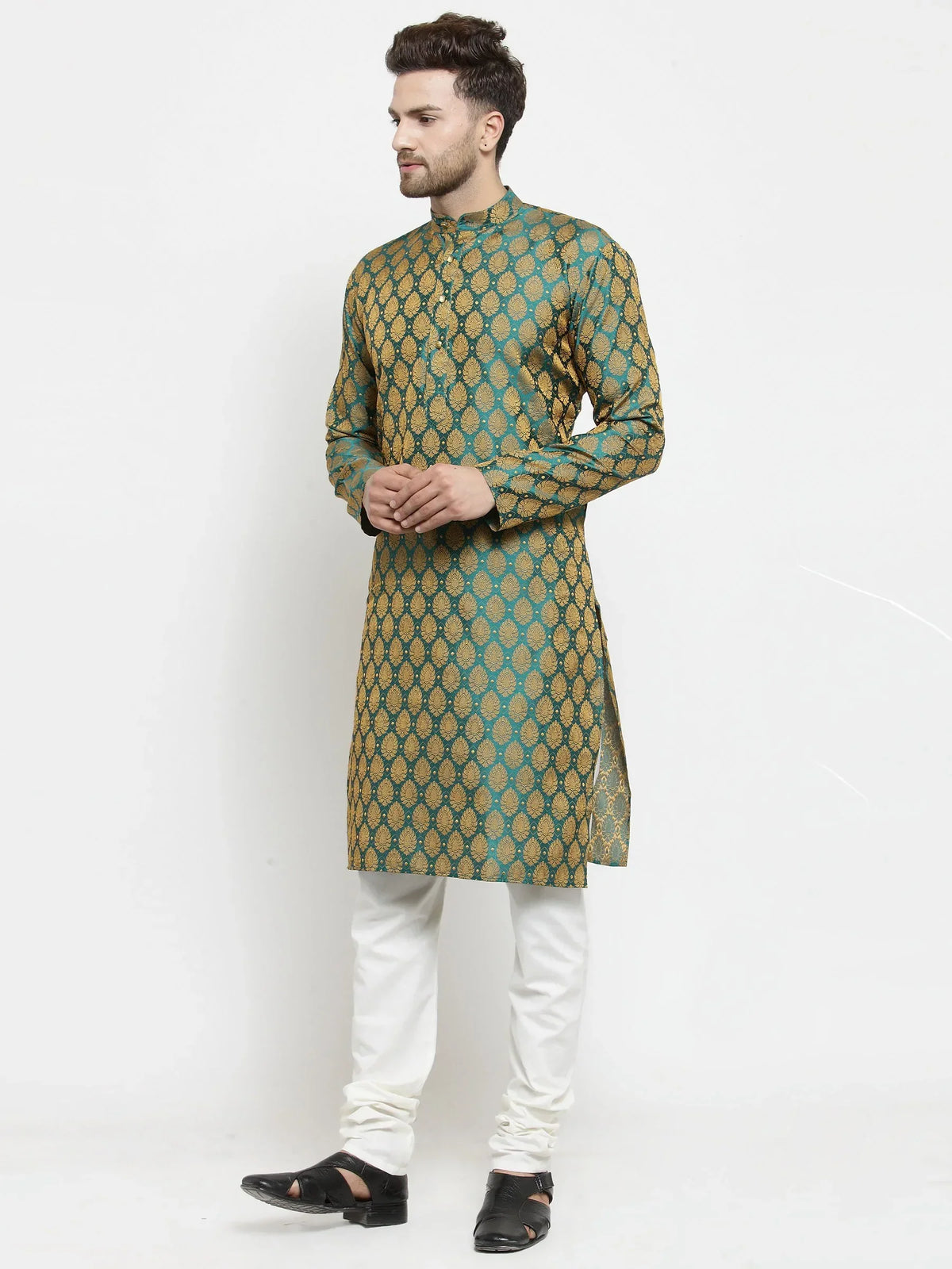 Jompers Men's Green-Colored & Golden Self Design Kurta with Churidar | Grocsy