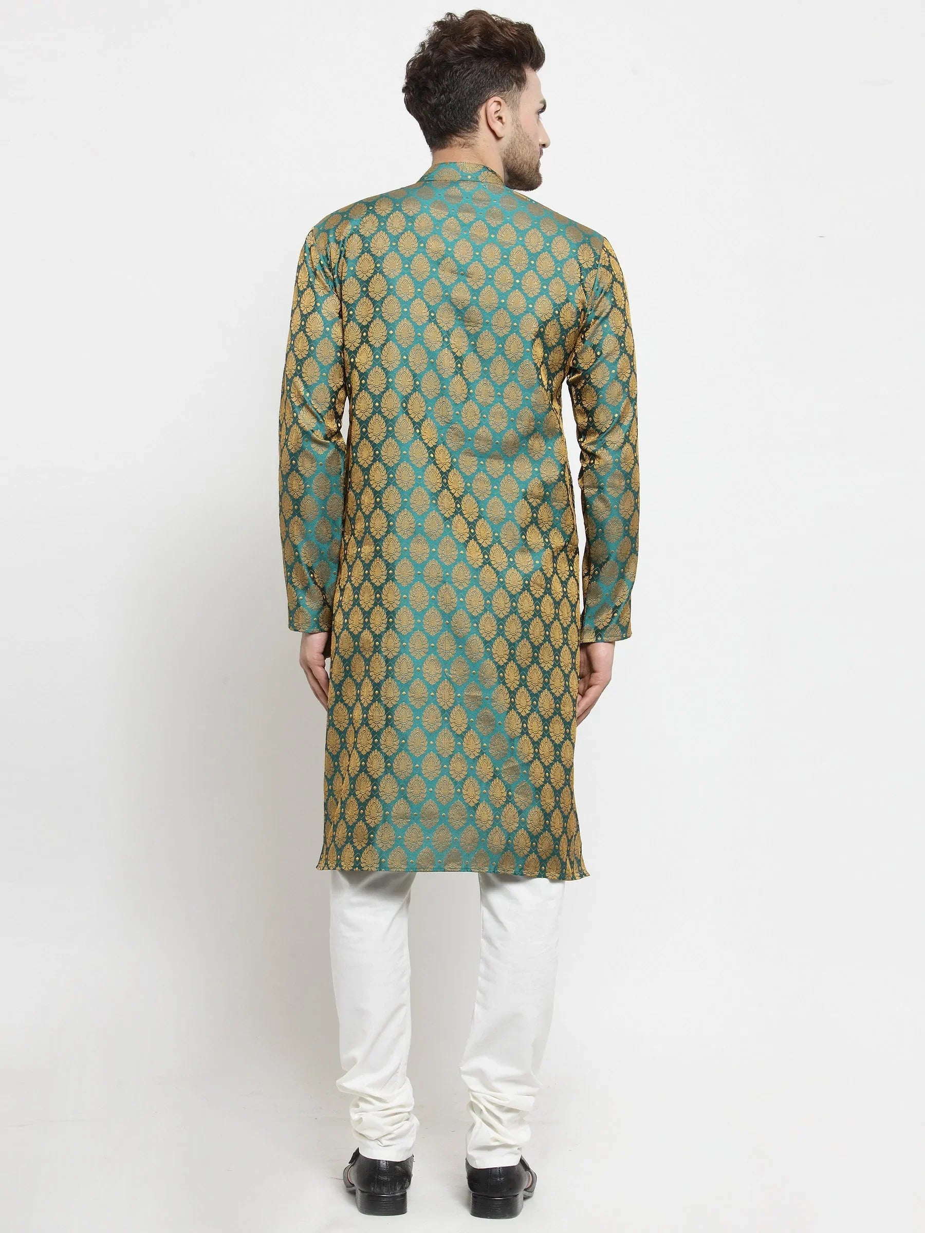 Jompers Men's Green-Colored & Golden Self Design Kurta with Churidar | Grocsy