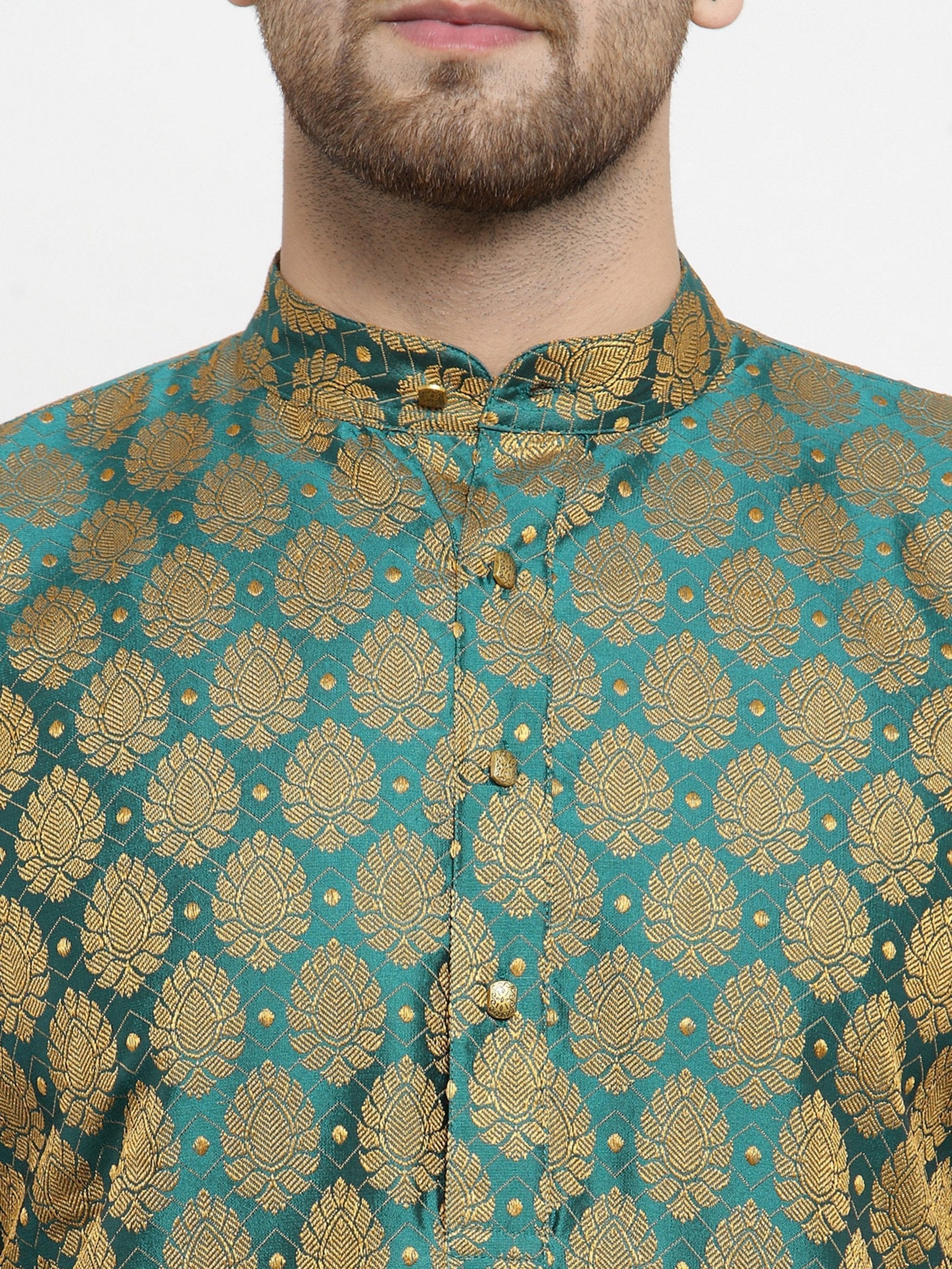 Jompers Men's Green-Colored & Golden Self Design Kurta with Churidar | Grocsy