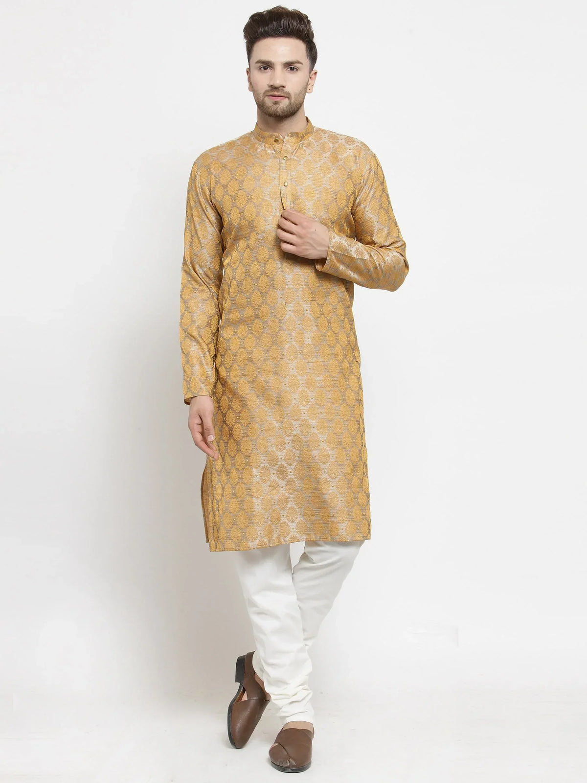 Jompers Men's Silver-Colored & Golden Self Design Kurta with Churidar | Grocsy