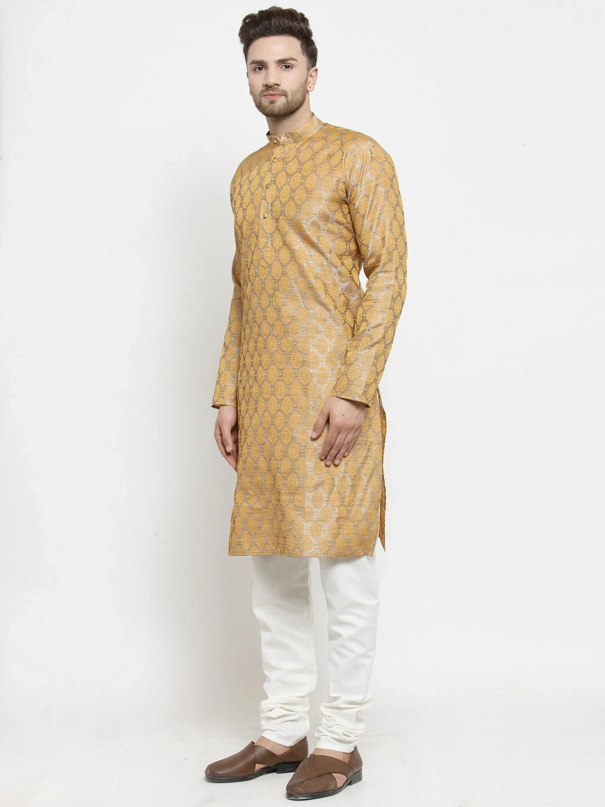 Jompers Men's Silver-Colored & Golden Self Design Kurta with Churidar | Grocsy