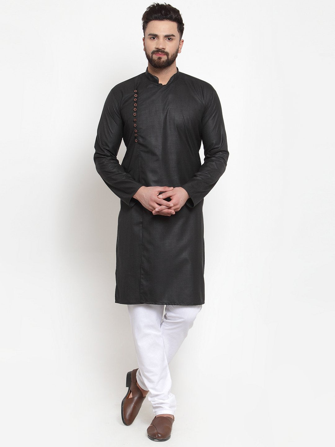 Jompers Men Black Solid Mandarin Collar Kurta Only | Grocsy