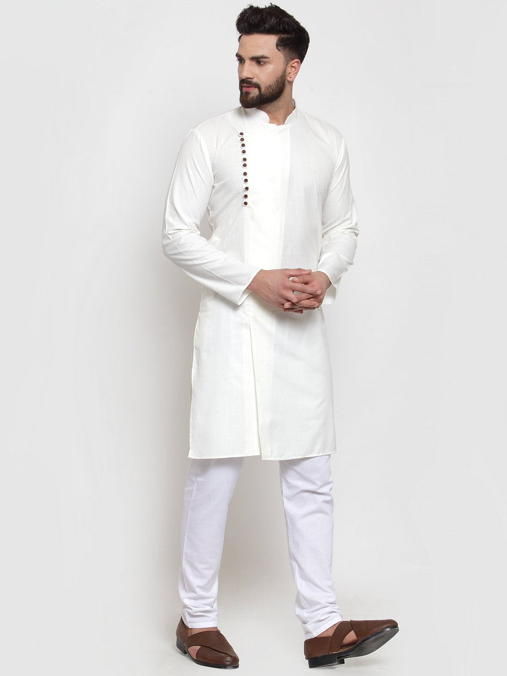 Jompers Men White Solid Mandarin Collar Kurta with Churidar | Grocsy