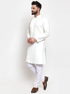 Jompers Men White Solid Mandarin Collar Kurta with Churidar | Grocsy