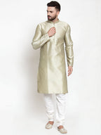 Jompers Men Beige & White Self Design Kurta with Churidar | Grocsy