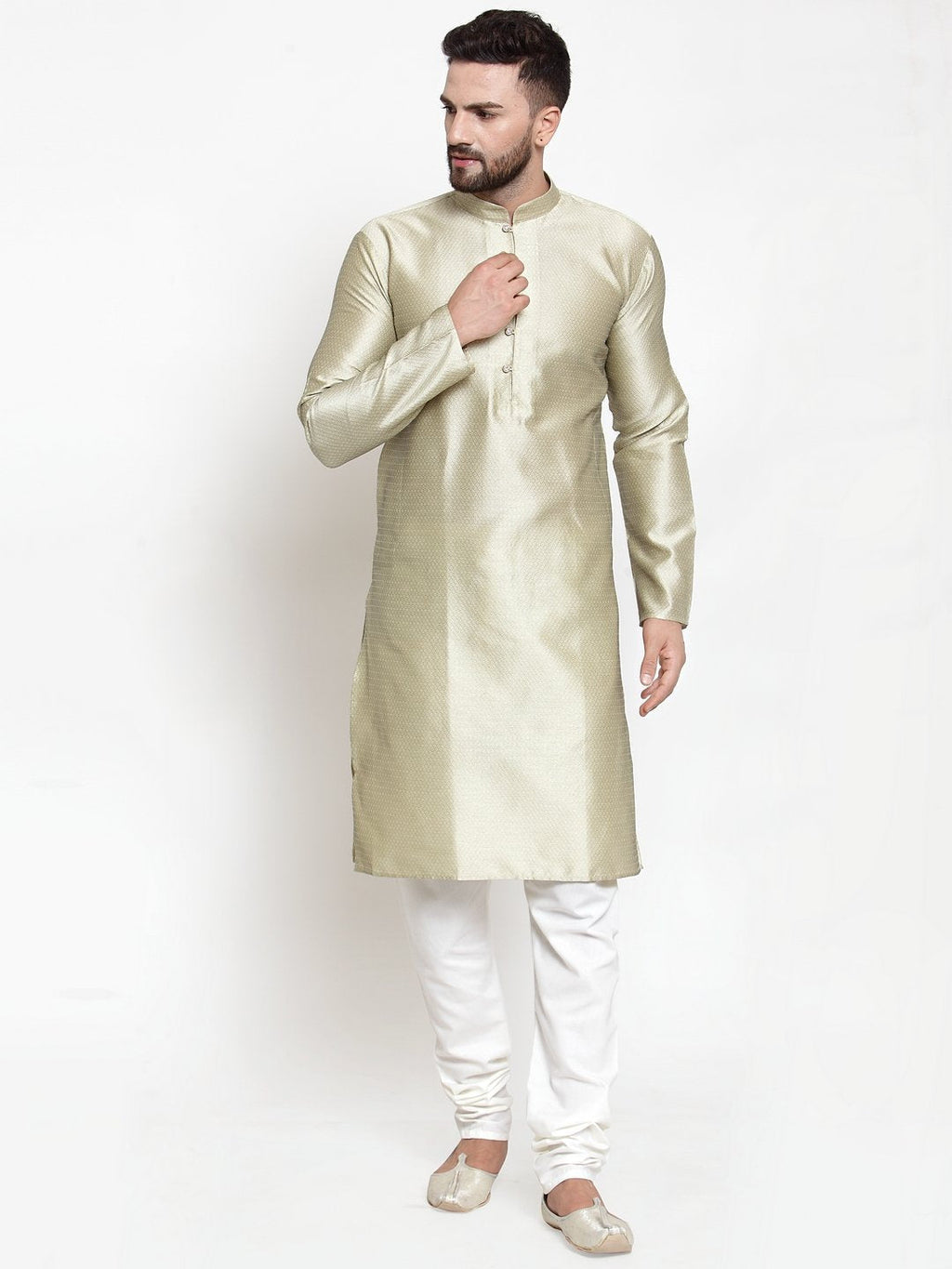 Jompers Men Beige & White Self Design Kurta with Churidar | Grocsy