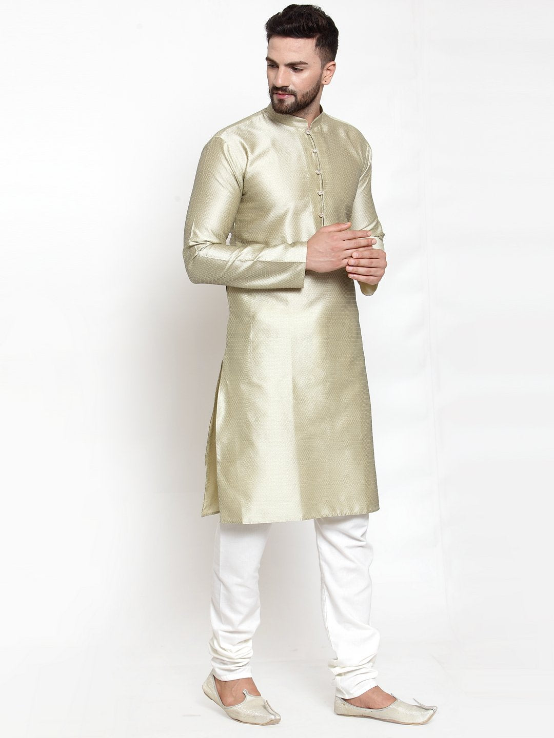 Jompers Men Beige & White Self Design Kurta with Churidar | Grocsy