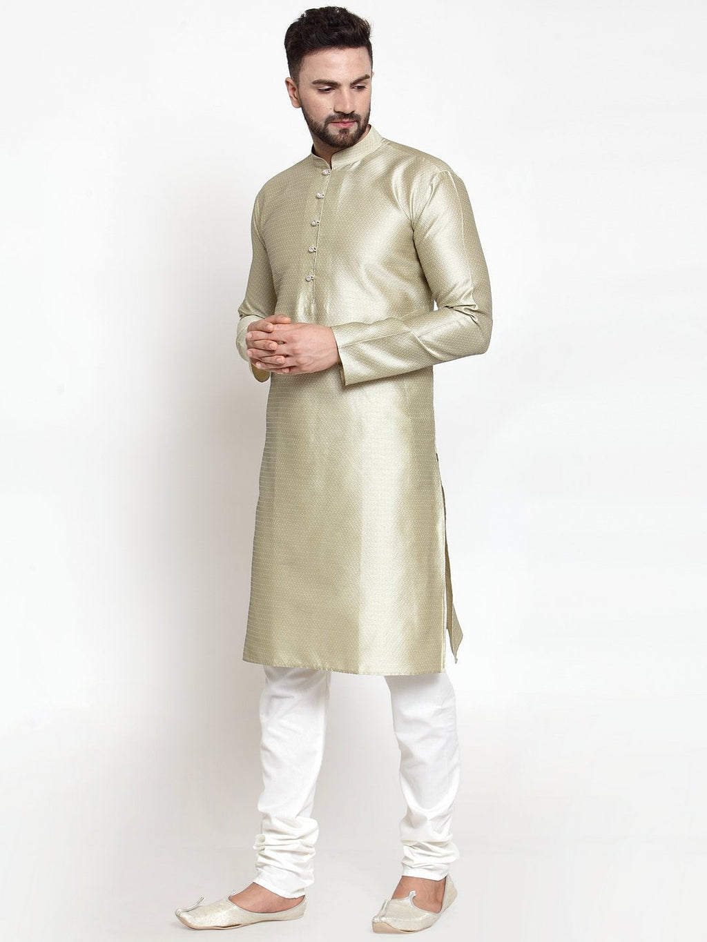 Jompers Men Beige & White Self Design Kurta with Churidar | Grocsy