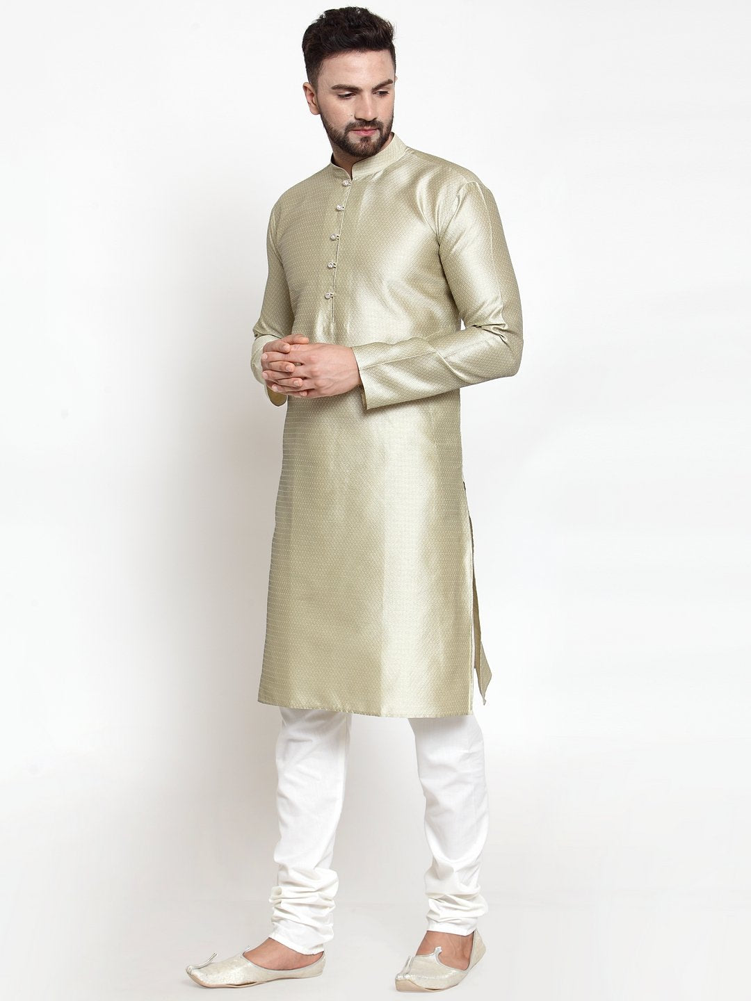 Jompers Men Beige & White Self Design Kurta with Churidar | Grocsy