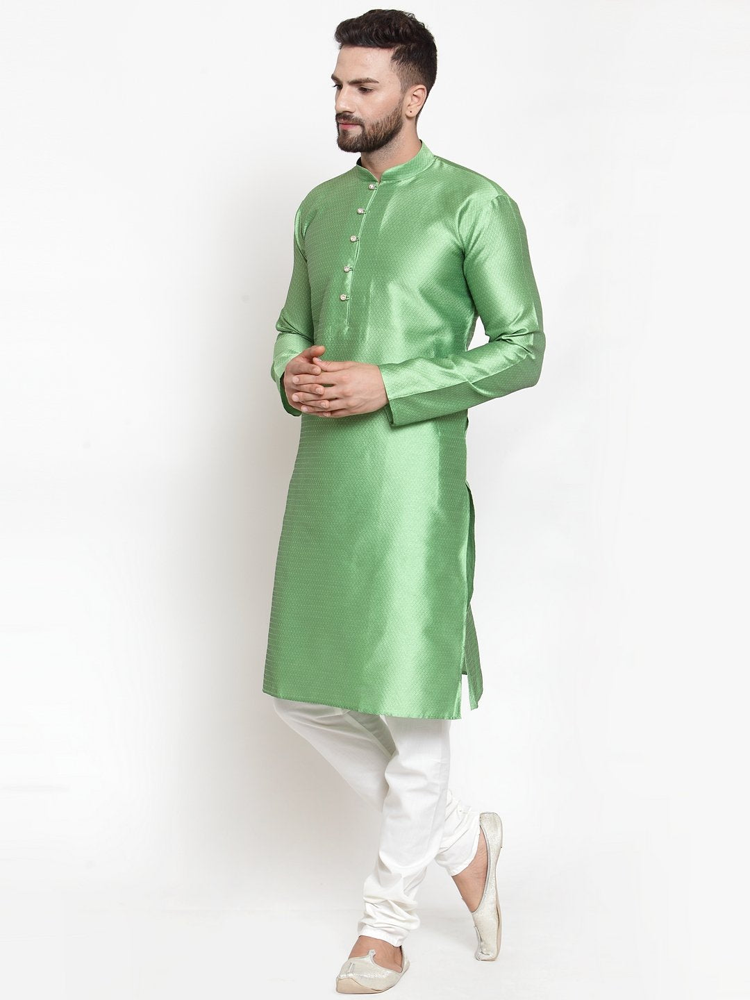 Jompers Men Green & White Self Design Kurta with Churidar | Grocsy