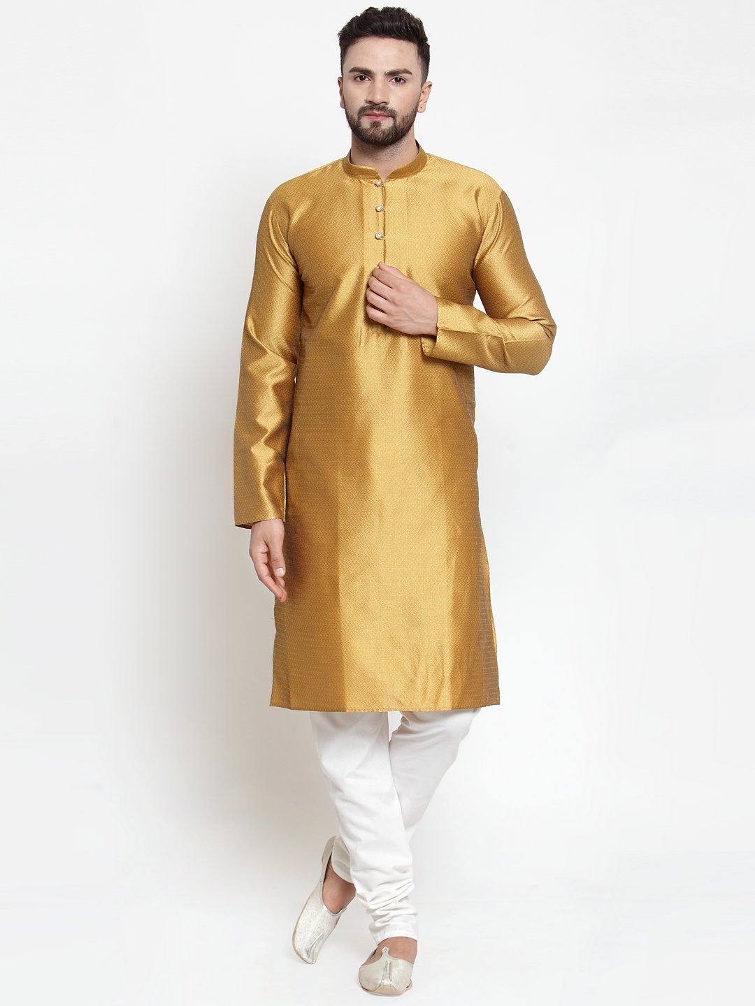 Jompers Men Mustard & White Self Design Kurta with Churidar | Grocsy