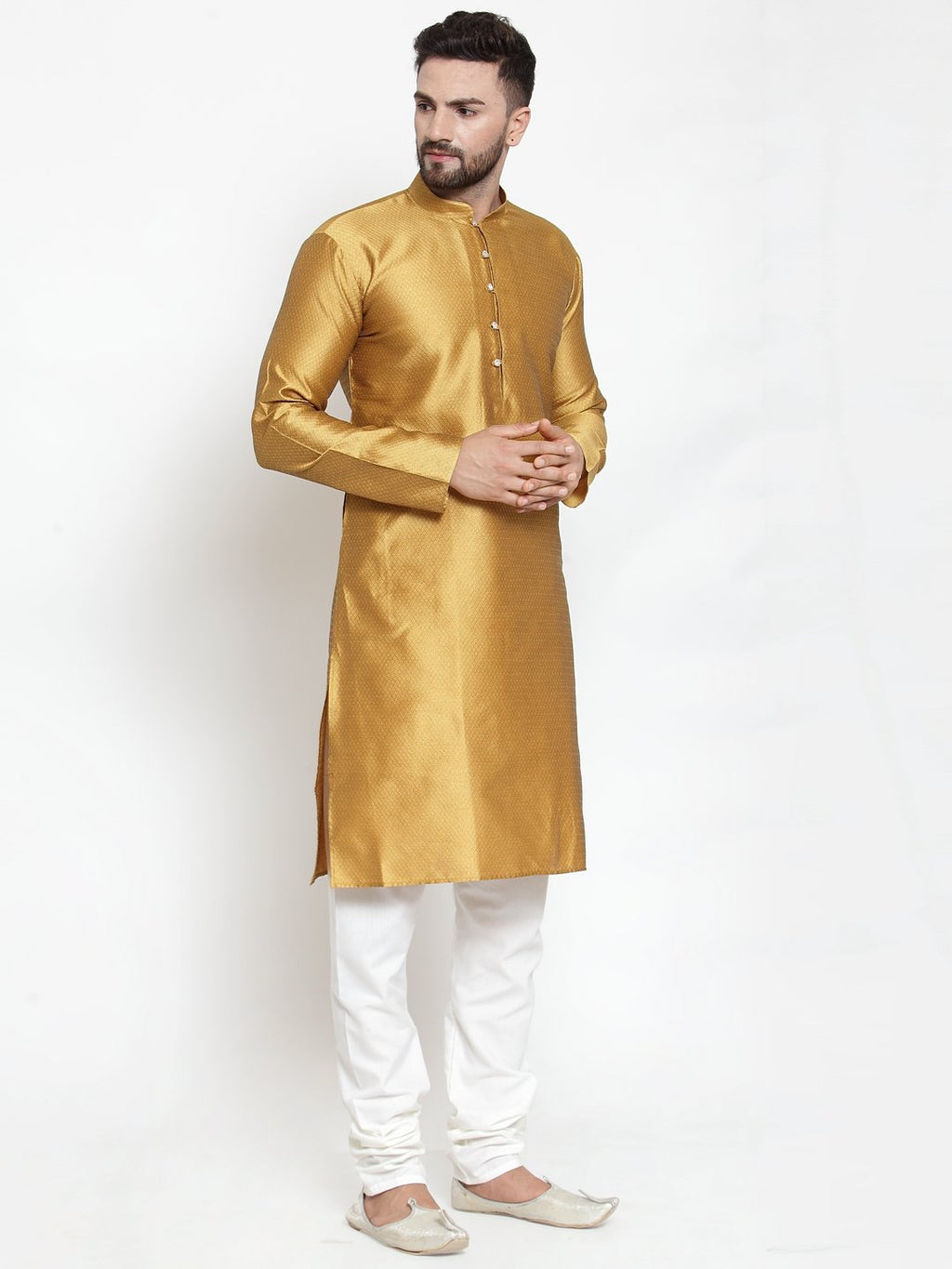 Jompers Men Mustard & White Self Design Kurta with Churidar | Grocsy