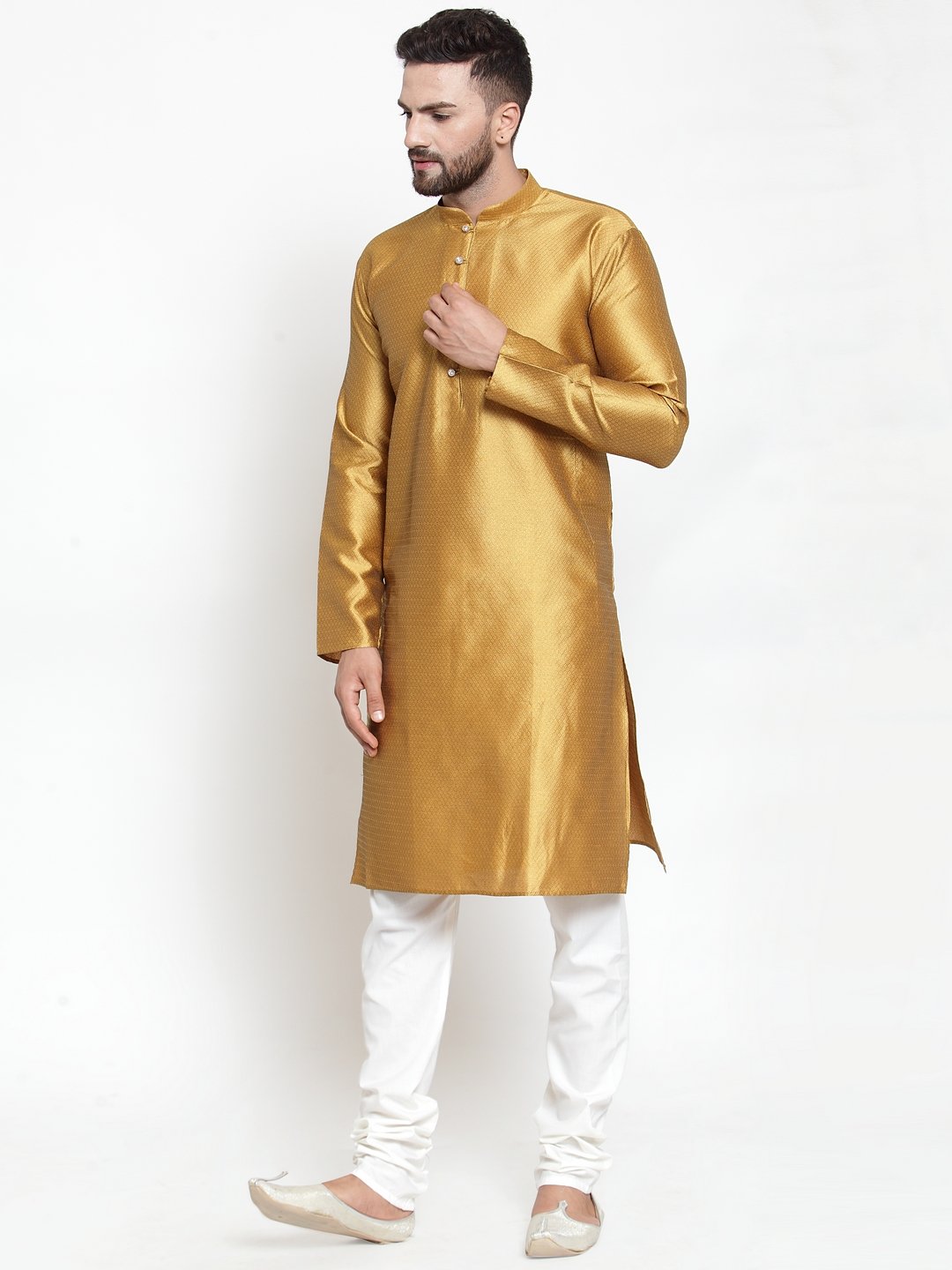 Jompers Men Mustard & White Self Design Kurta with Churidar | Grocsy