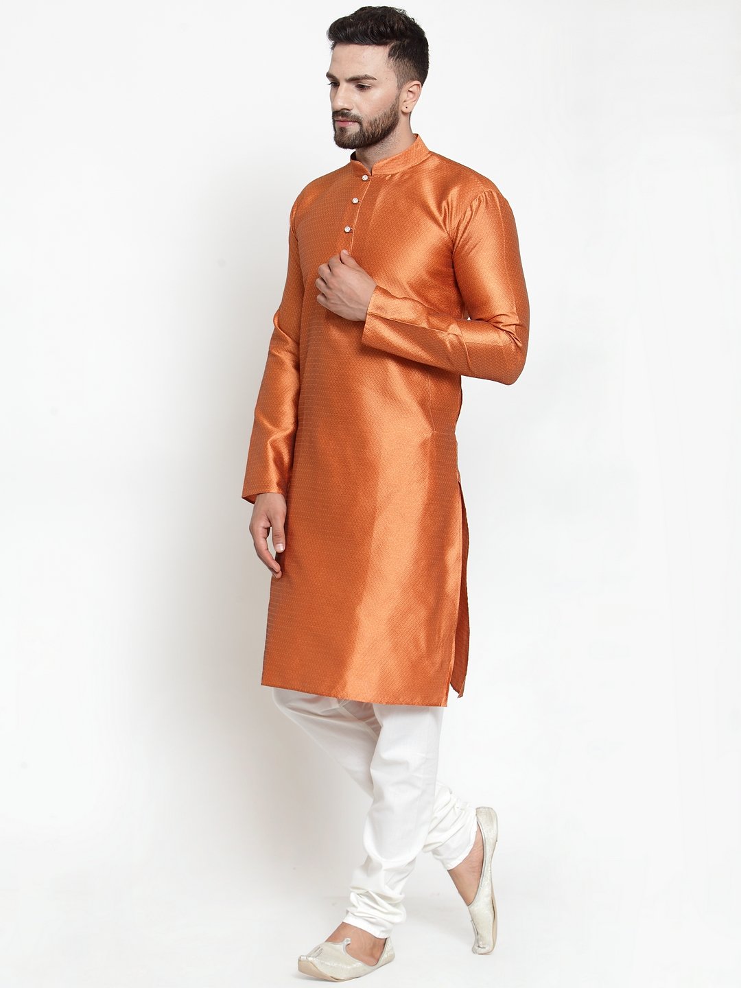 Jompers Men Orange & White Self Design Kurta with Churidar | Grocsy