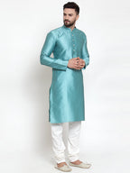 Jompers Men Light-Blue & White Self Design Kurta with Churidar | Grocsy