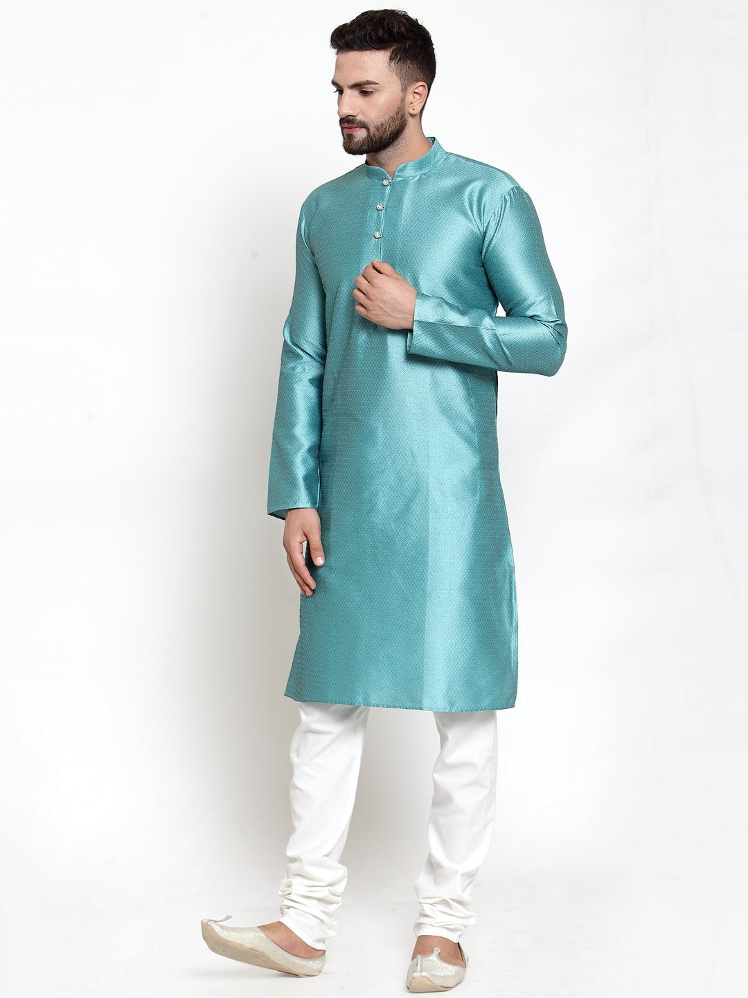Jompers Men Light-Blue & White Self Design Kurta Only | Grocsy