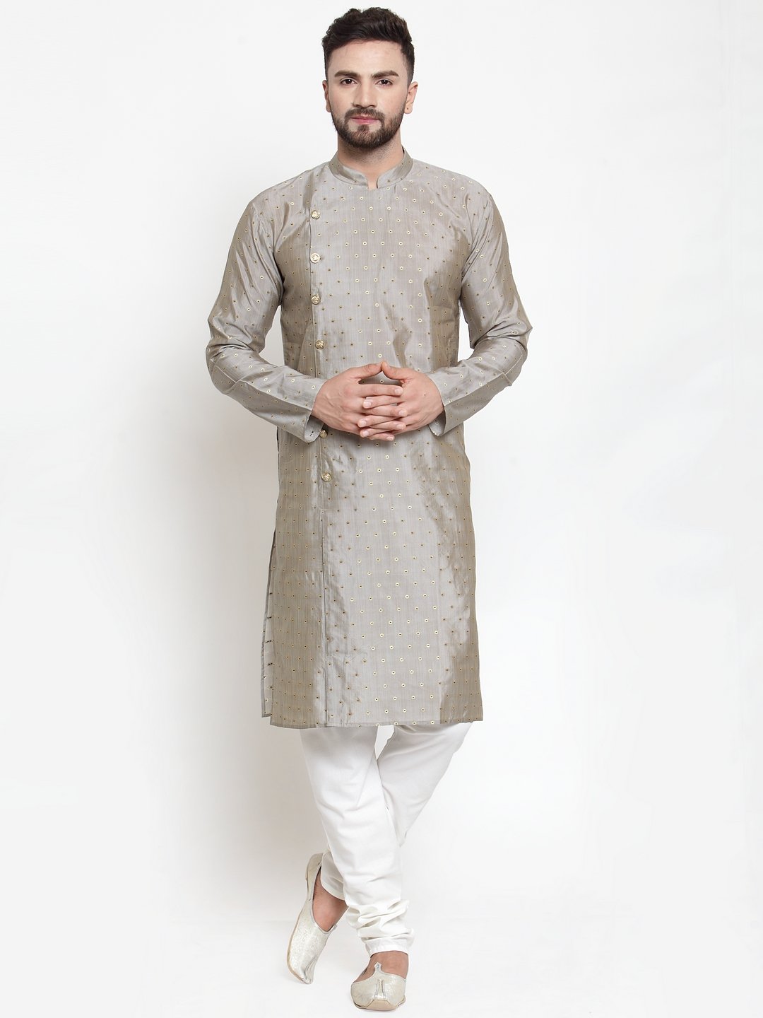 Jompers Men Grey & Golden Self Design Kurta with Churidar | Grocsy