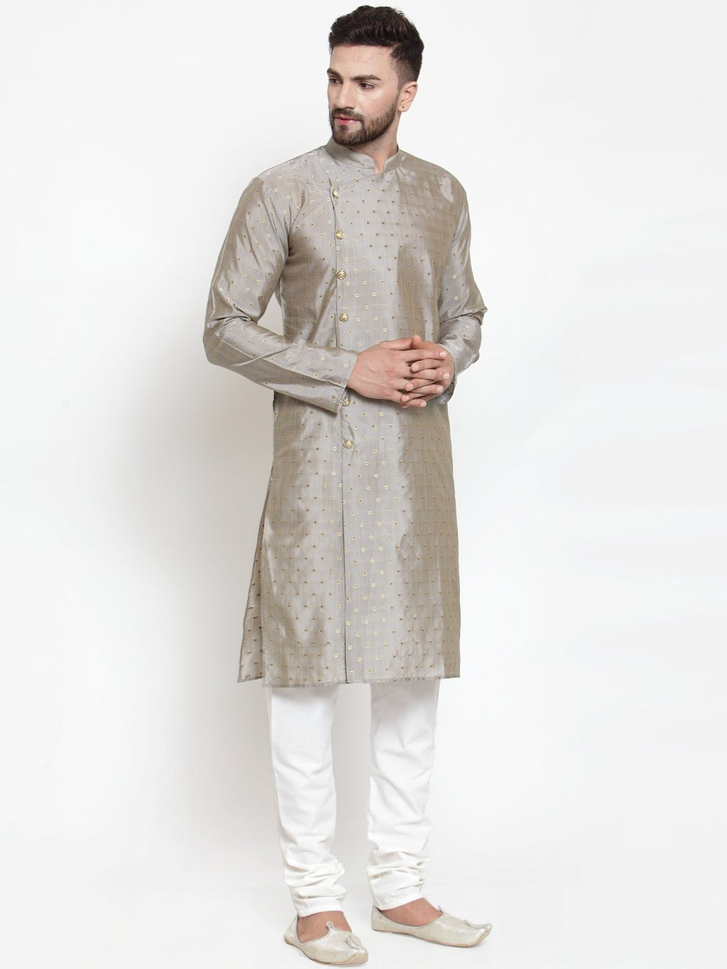 Jompers Men Grey & Golden Self Design Kurta with Churidar | Grocsy